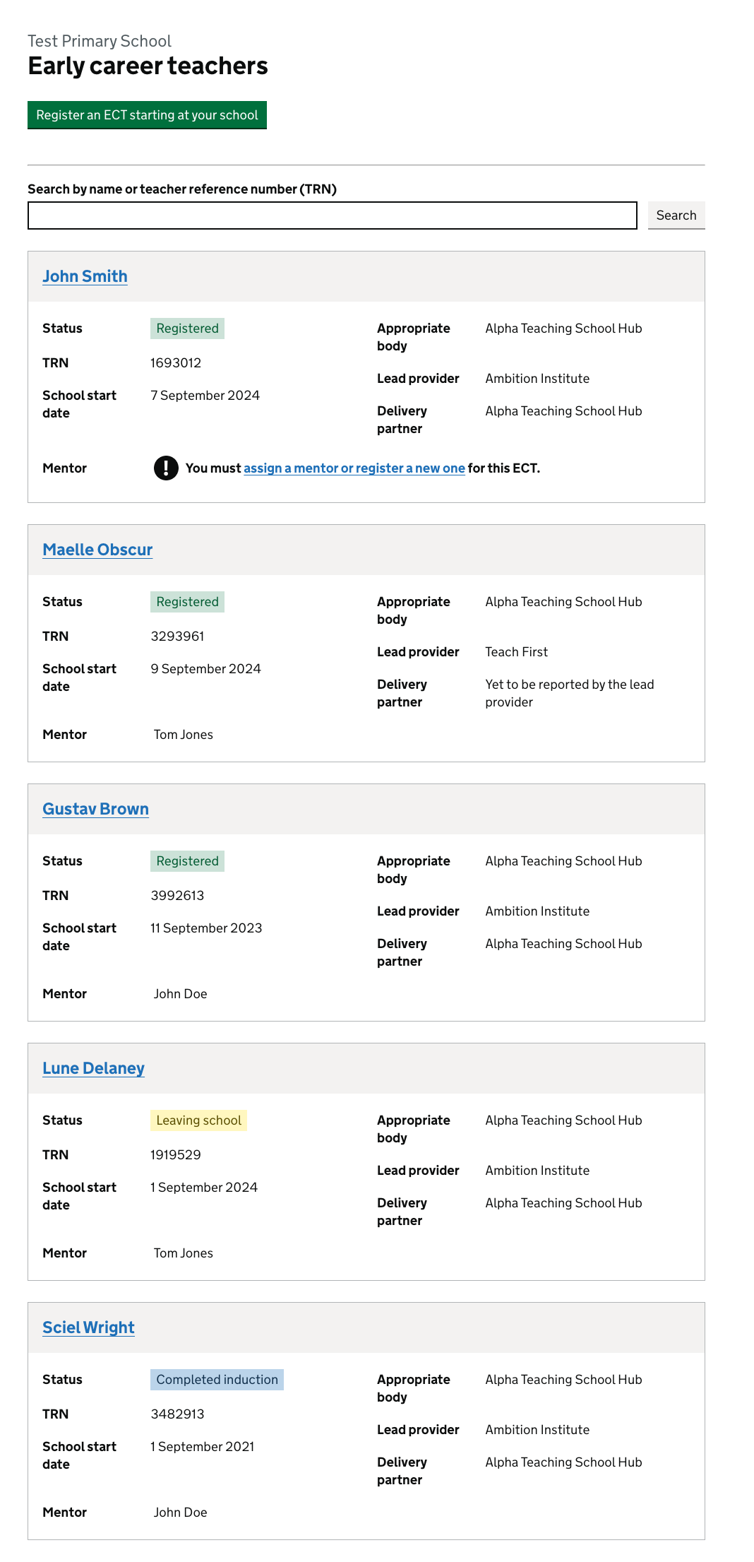 A screenshot of the ECTs belonging to a school, with new fields for lead provider, appropriate body and delivery partner.