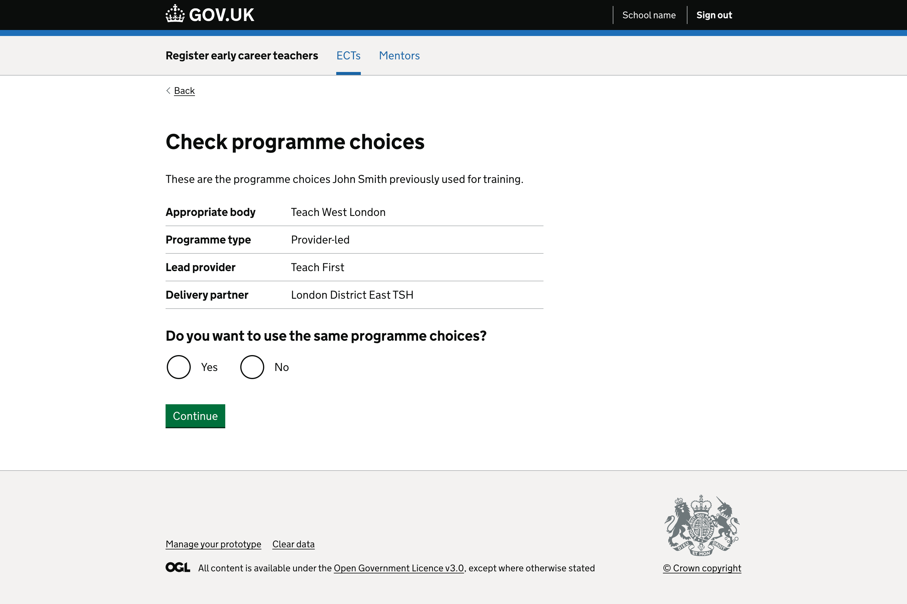 A screenshot of the initial design we tested to ask users if the programme choices would remain the same for the transferred ECT.