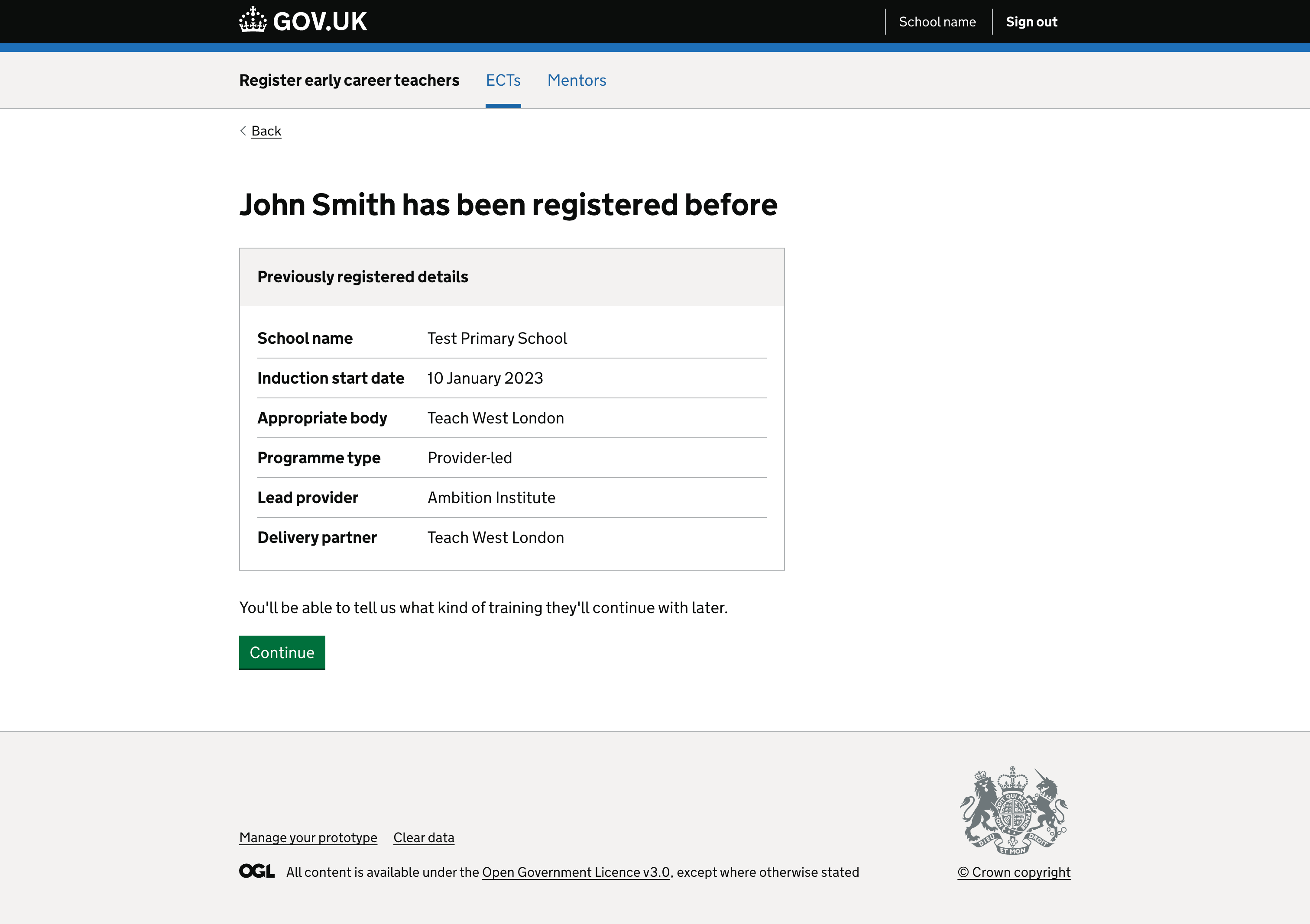 A screenshot of the design where we highlight the ECT has been registered previously.