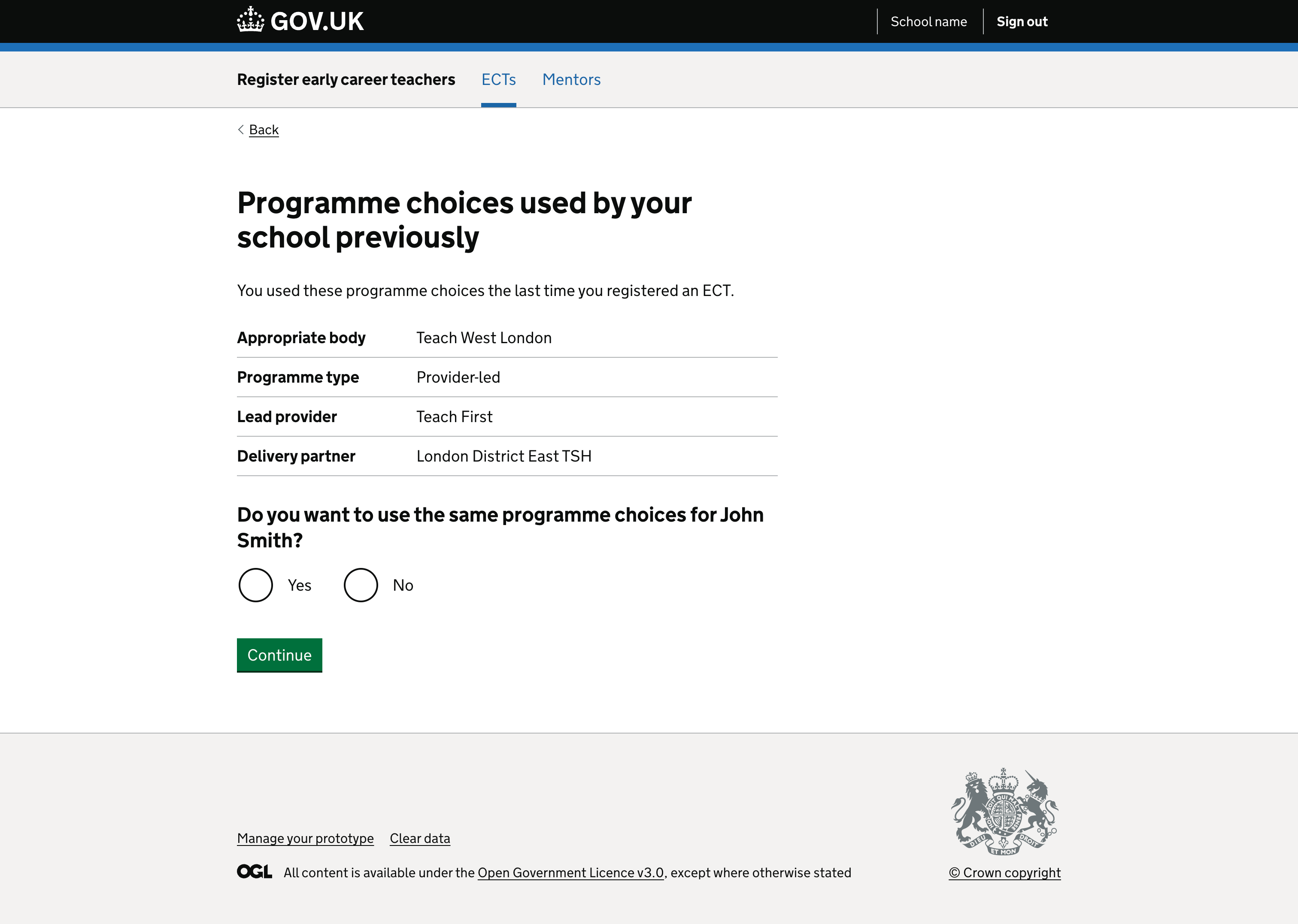 A screenshot of the design where we ask the user if they would like to use the schools programme choices for the ECT being transferred in.