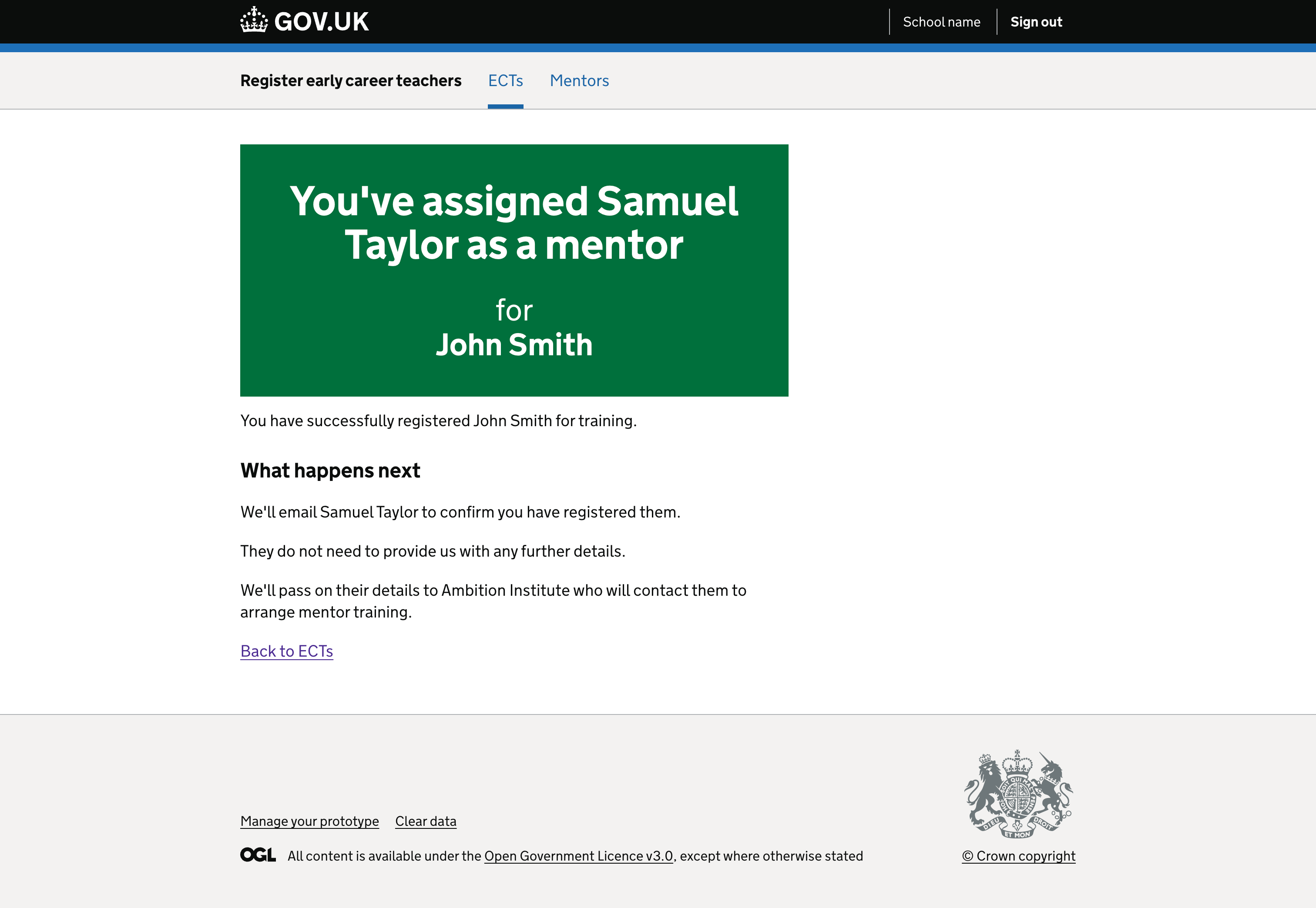 A screenshot of the confirmation page when adding a mentor.