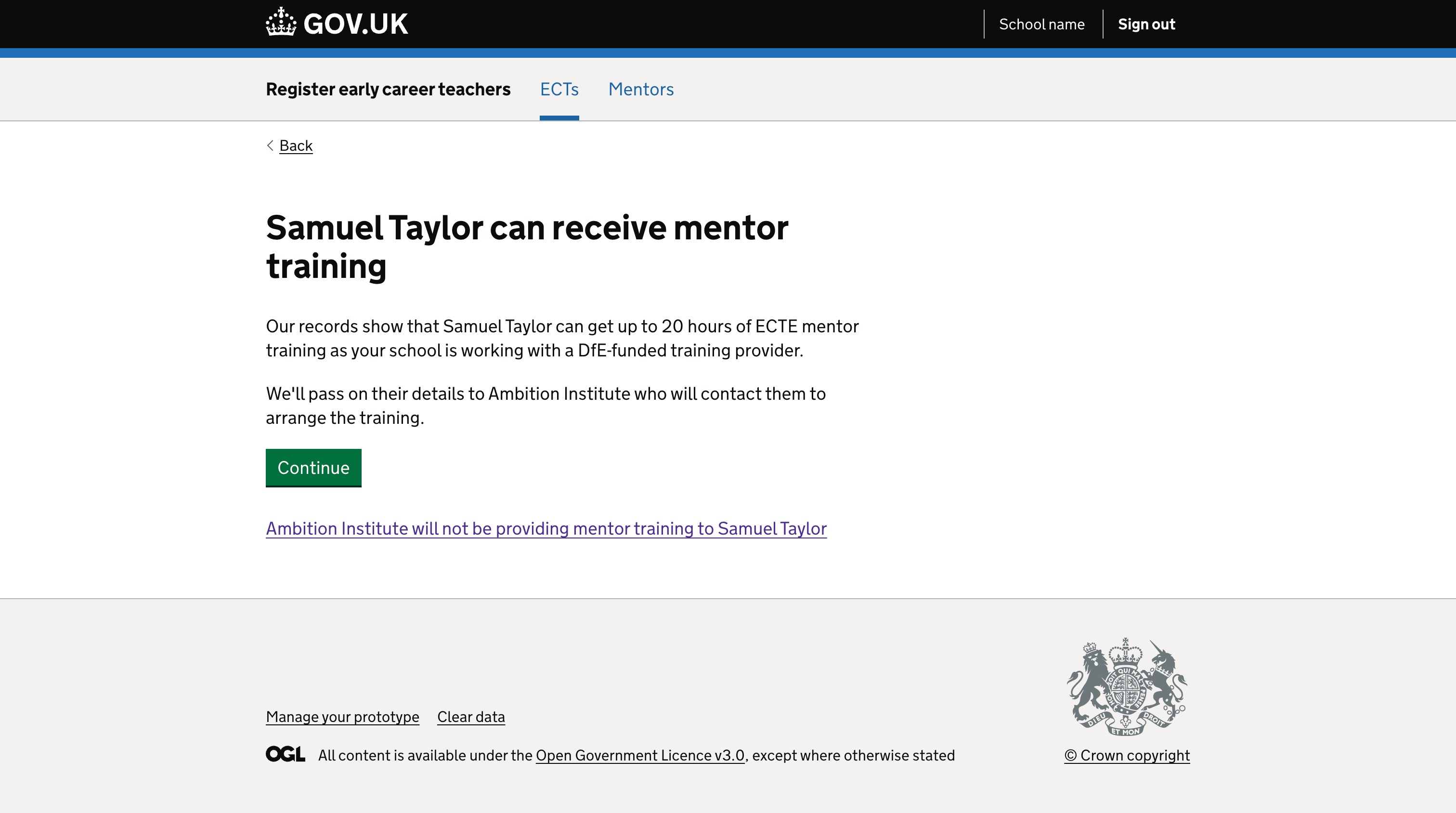 A screenshot of our iterated pattern where we tell the user about the mentor training eligibility.