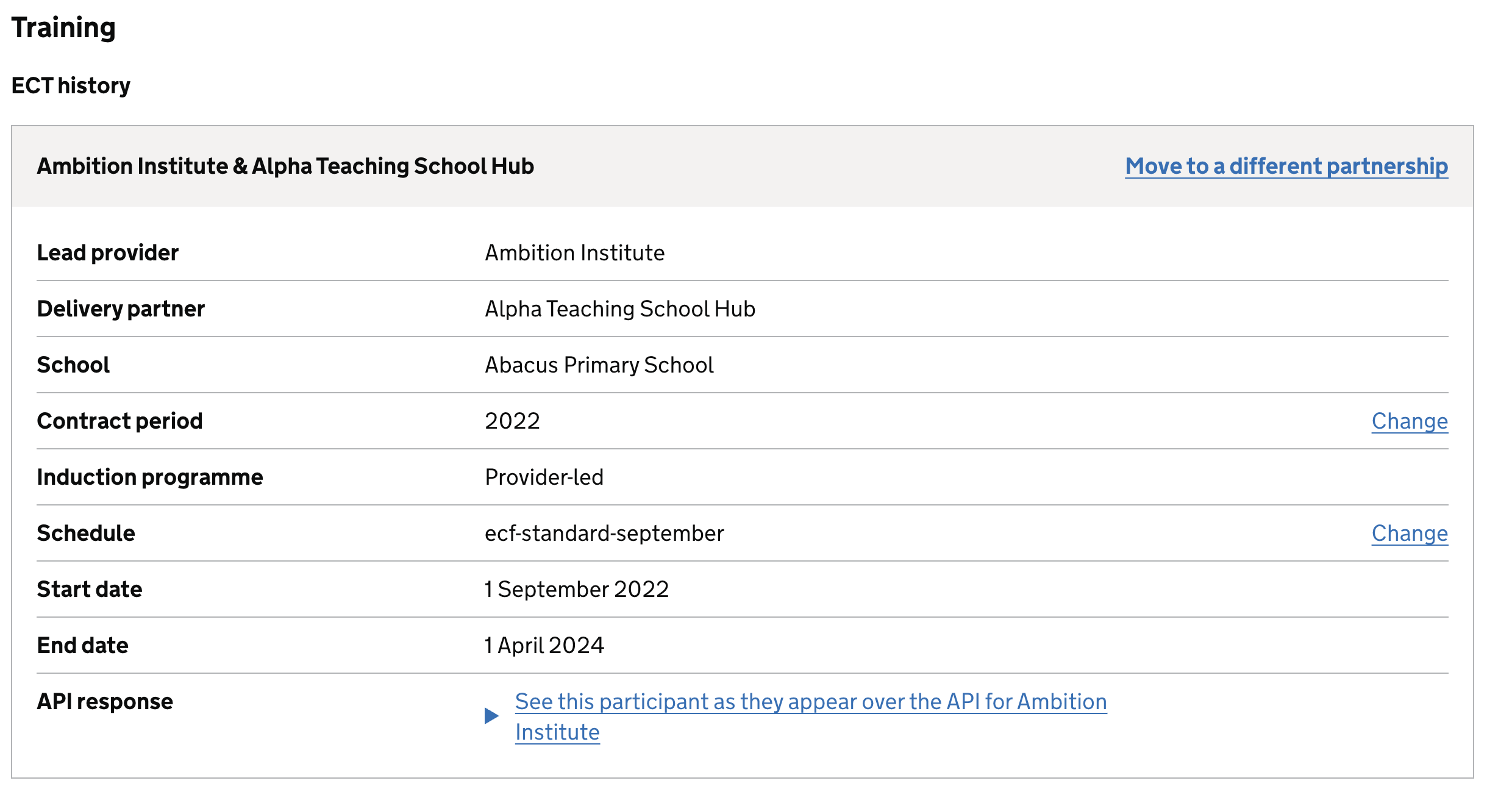 A screenshot of the journey where an admin is able to view an ECT or mentor's contract period or schedule.
