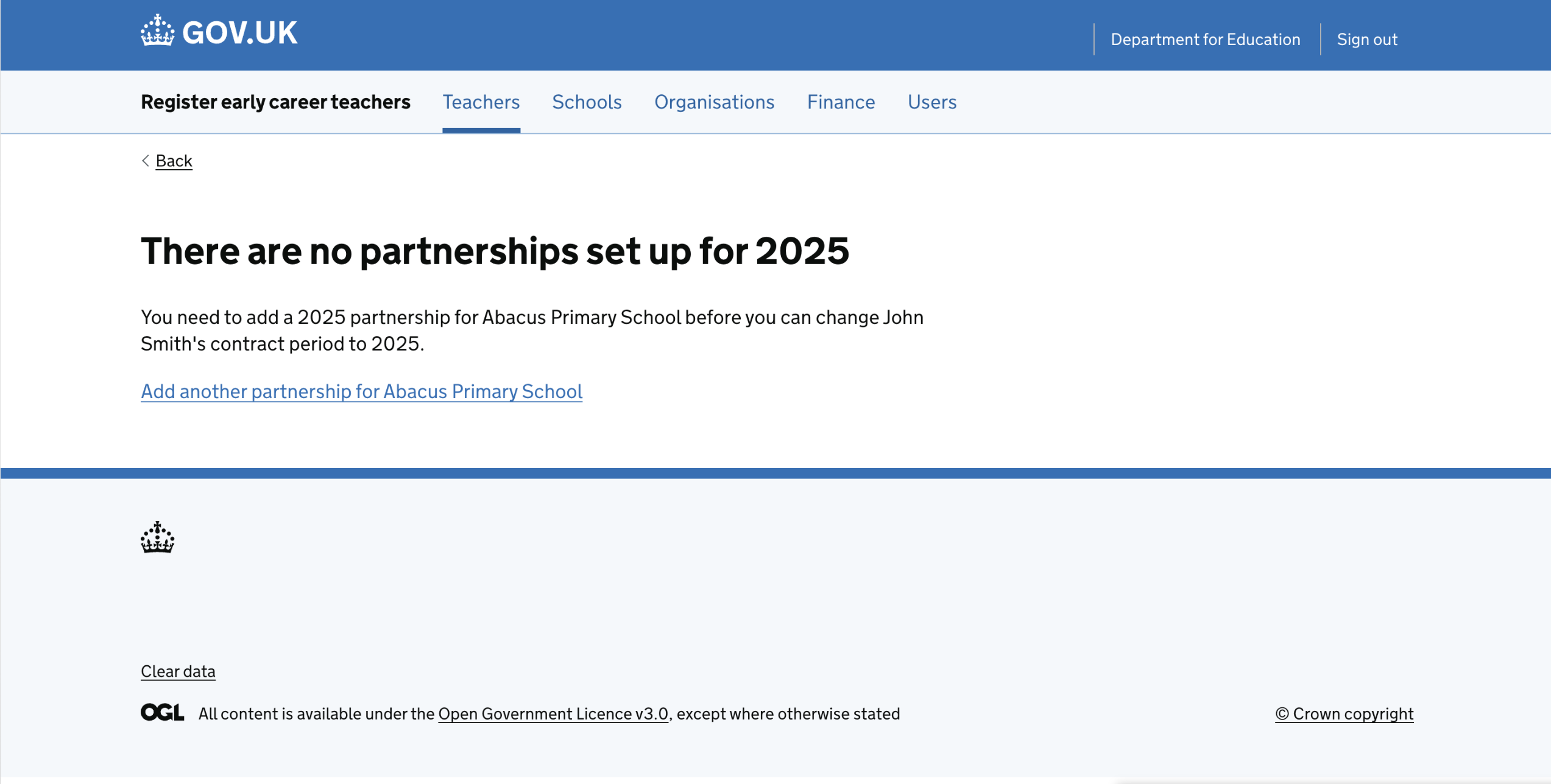 A screenshot of the journey where a user is told that they will need to add a partnership for the contract period at the school level.