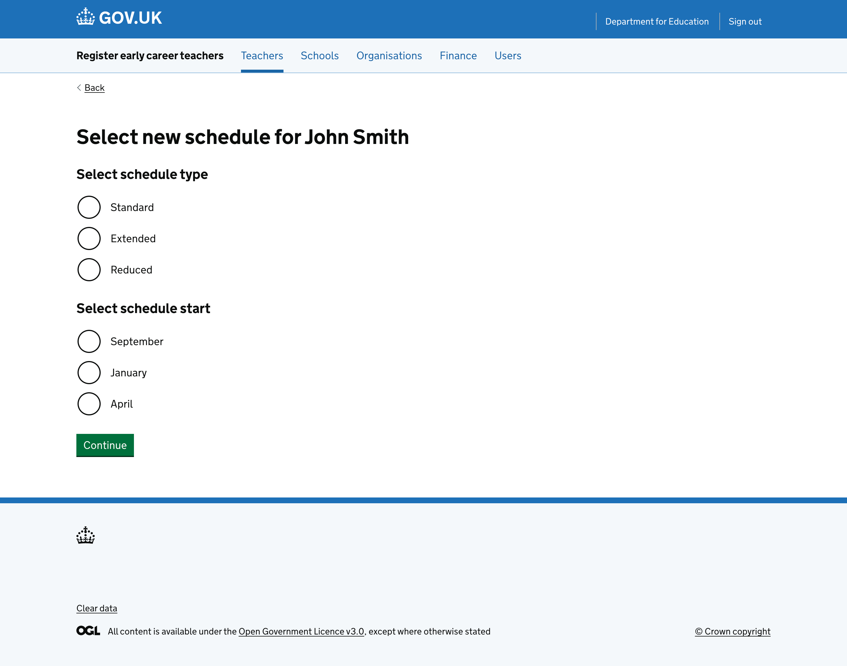 A screenshot of the journey where a user is asked to select the schedule type and the schedule start month.