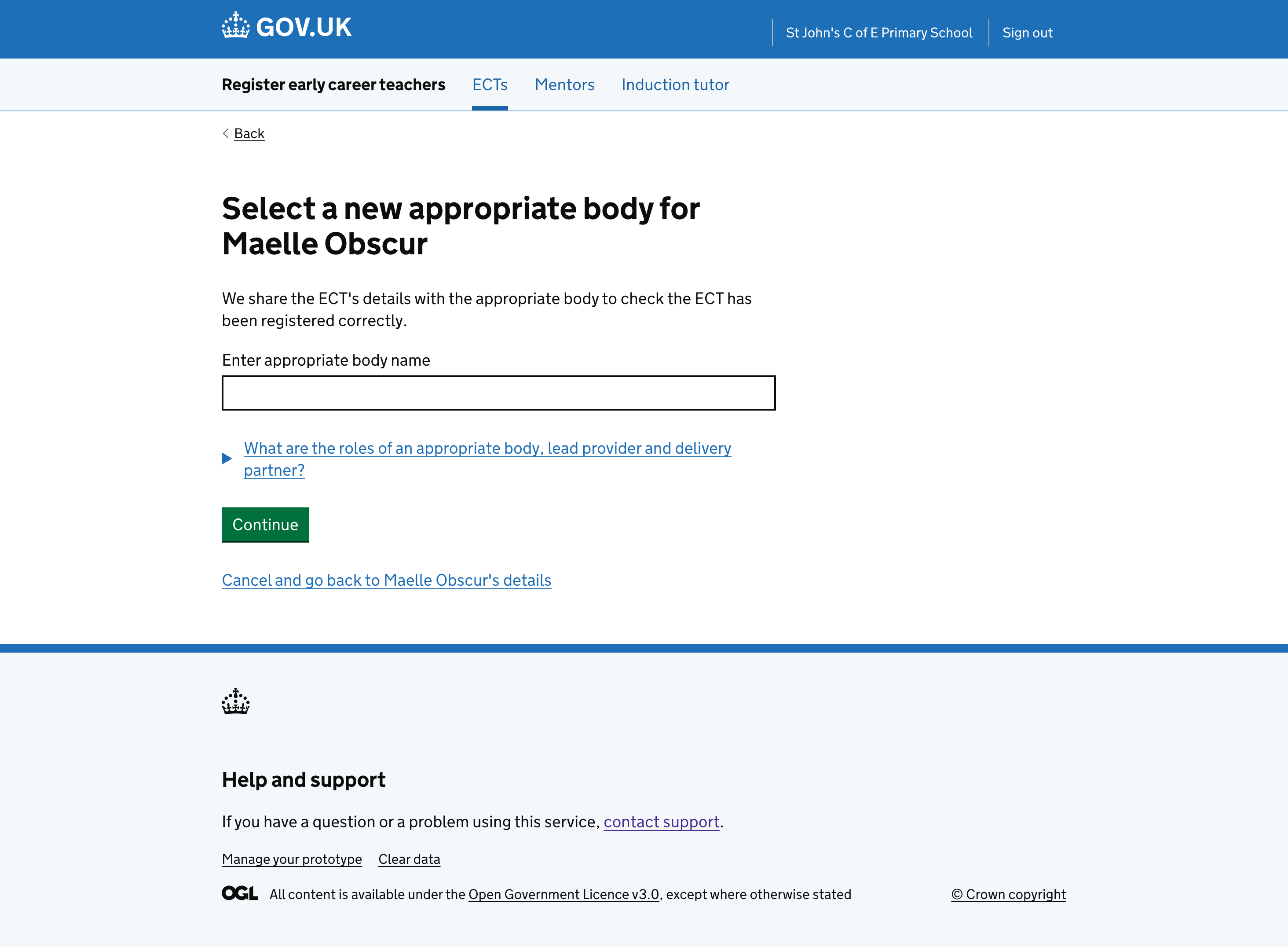 Change appropriate body page for an ECT or mentor.