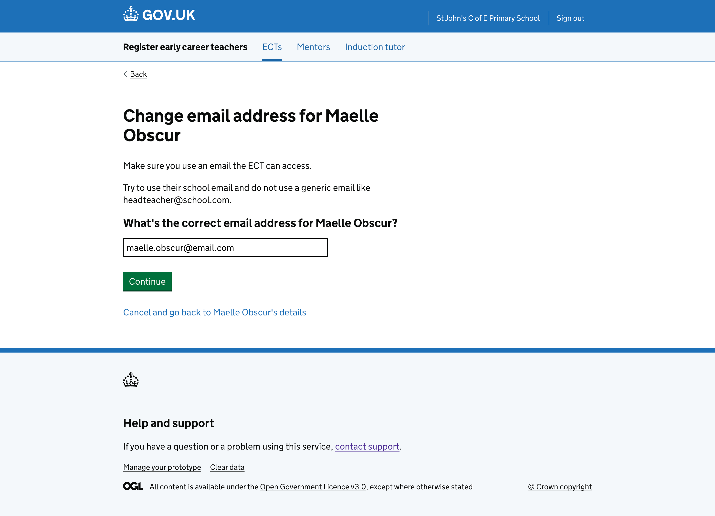 Change email address page for an ECT or mentor.