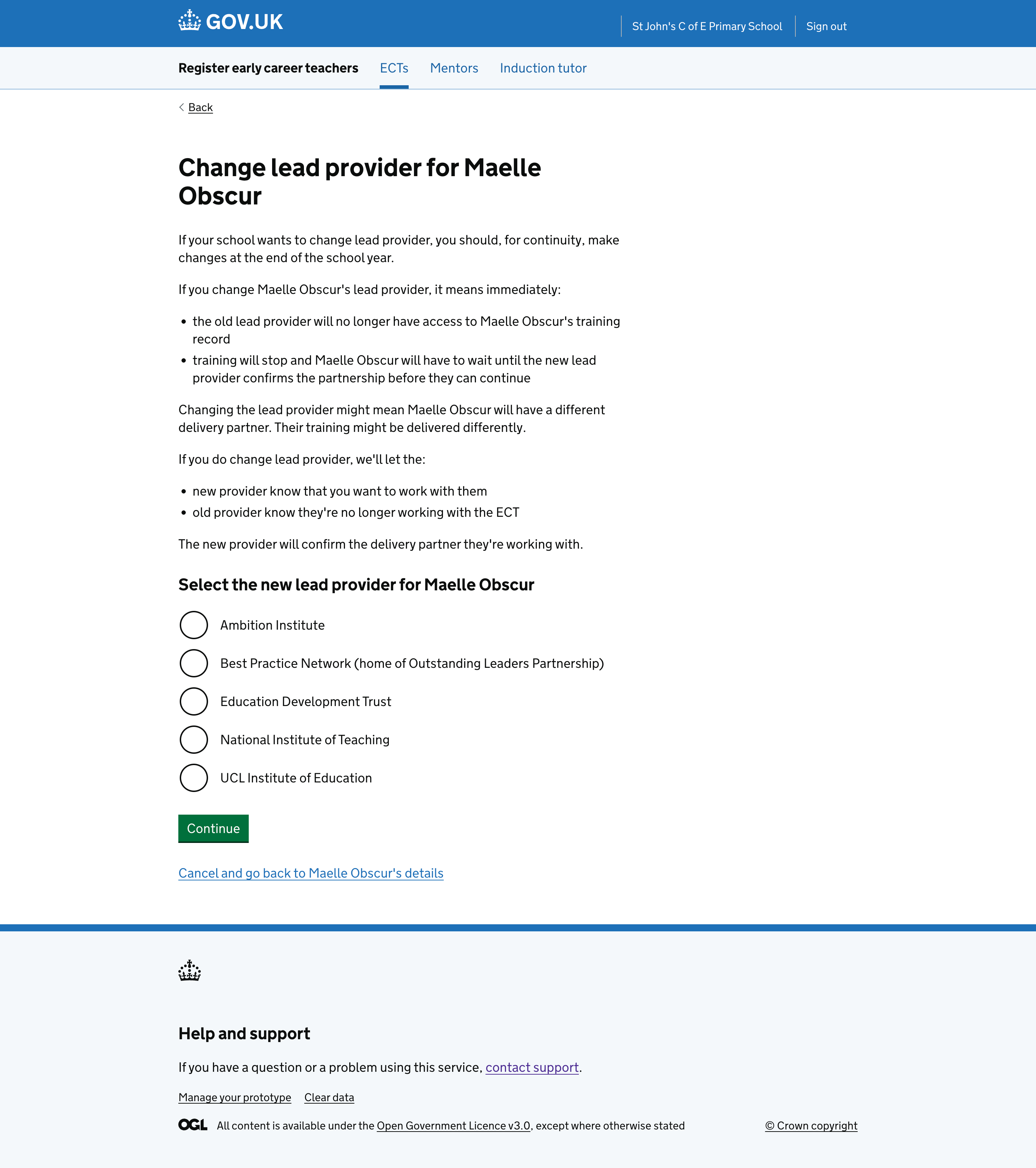 An earlier iteration of change lead provider page for an ECT or mentor.