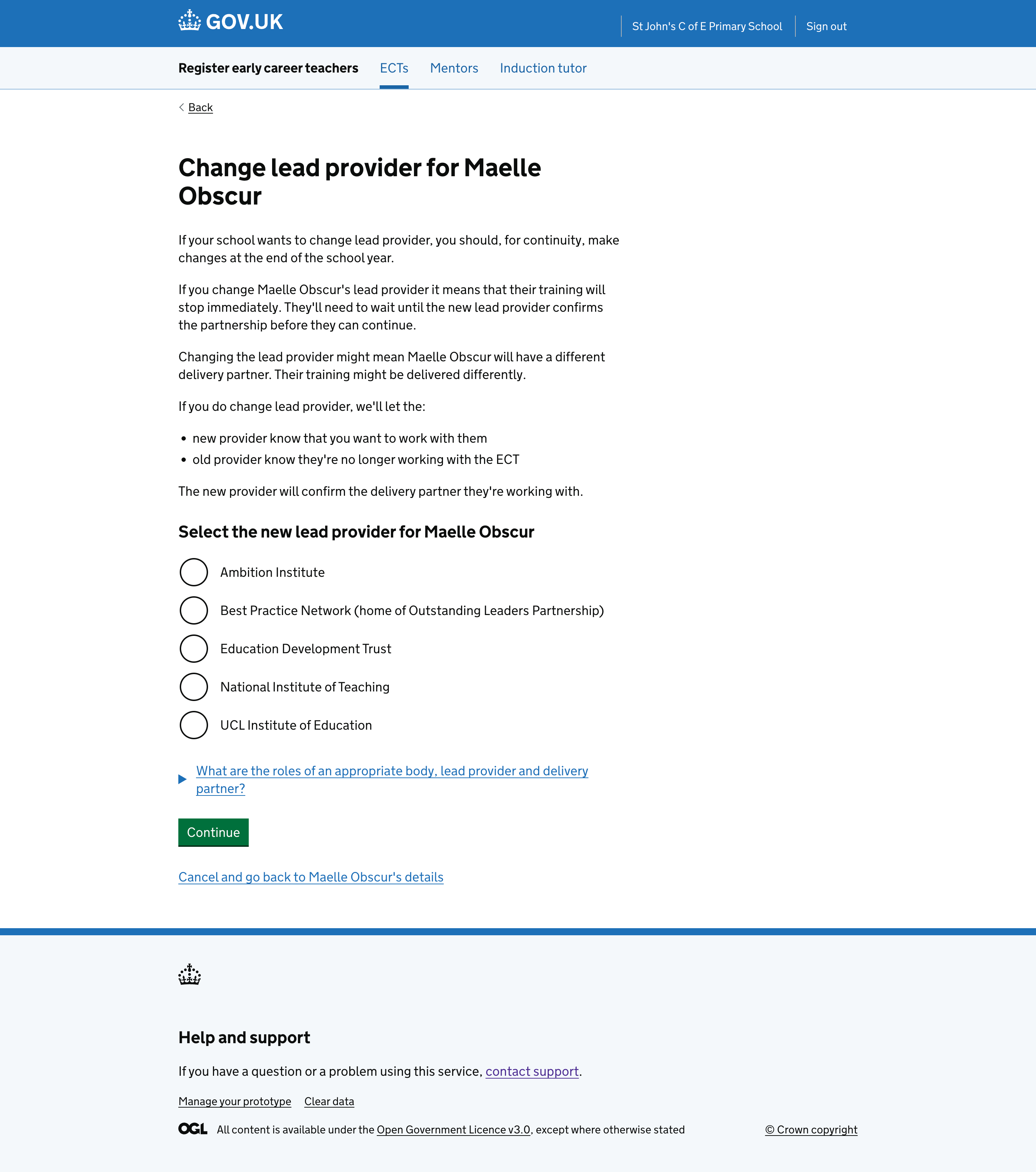 Change lead provider page for an ECT or mentor.