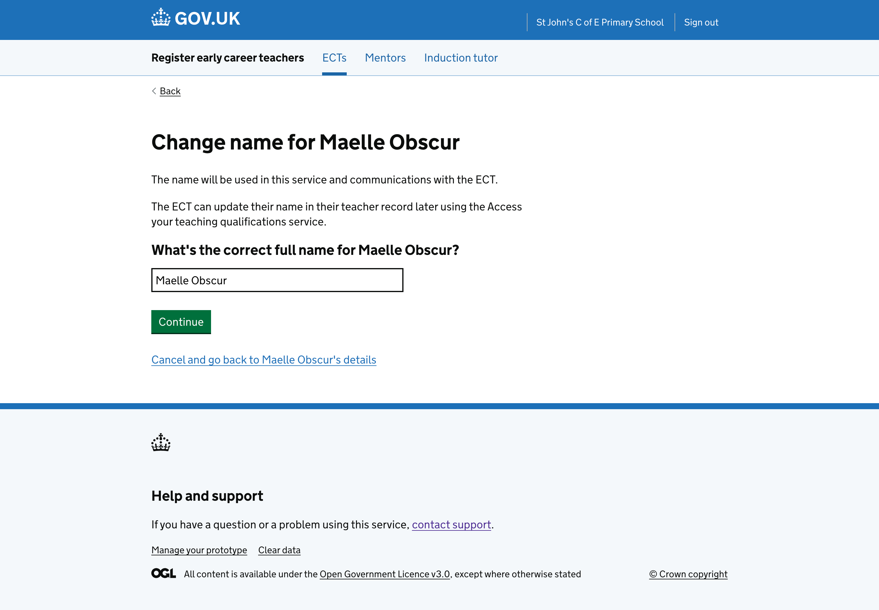Change name page for an ECT or mentor.