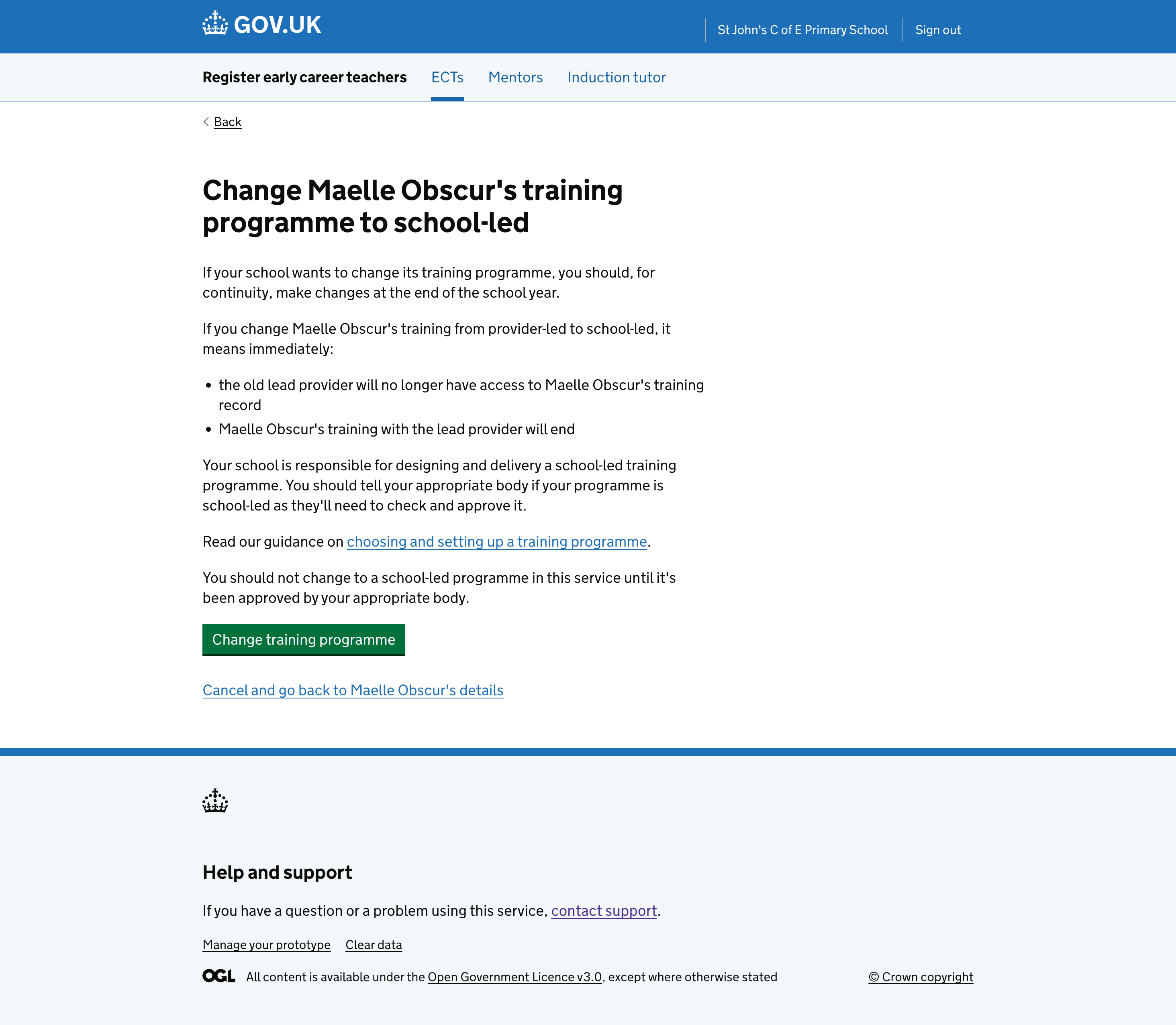 An earlier iteration of change training programme page for an ECT or mentor.