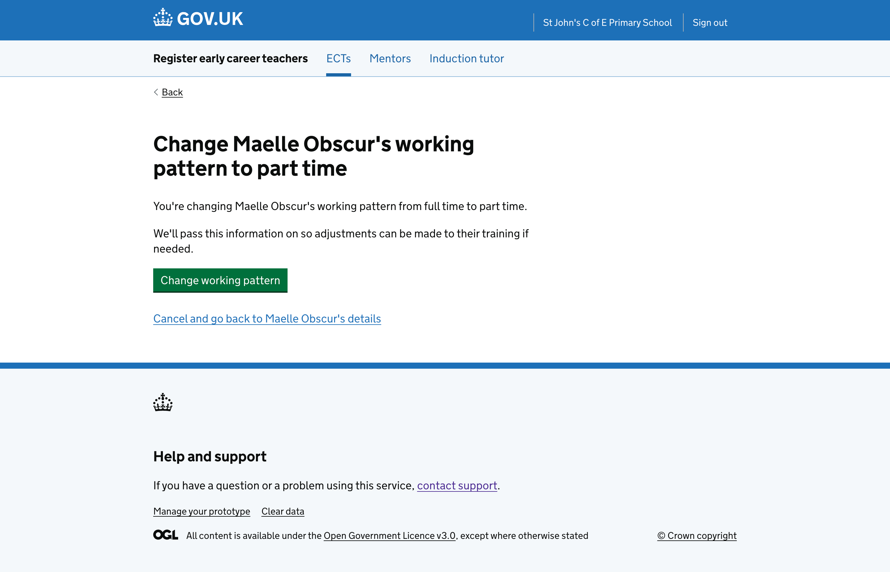 Change working pattern page for an ECT or mentor.