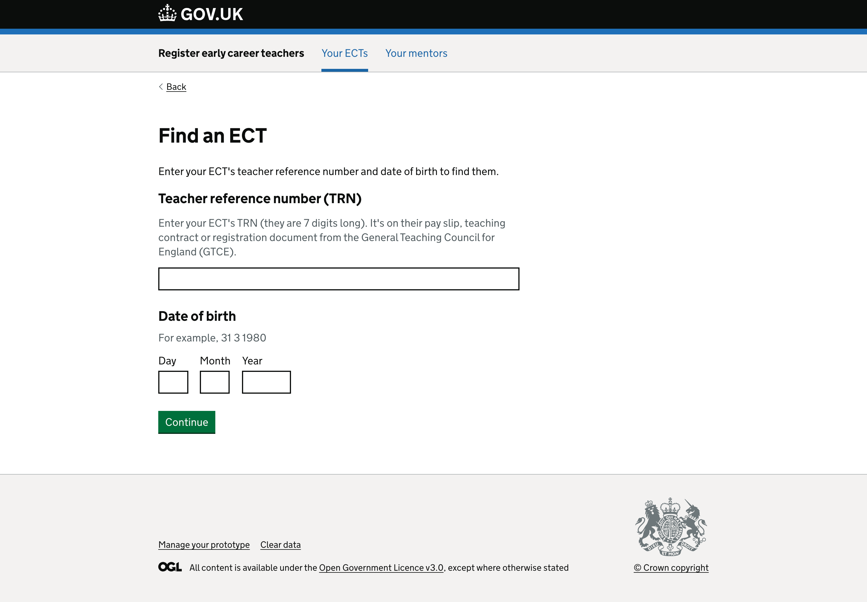 A screenshot of the asking users for an ECTs TRN & DoB.