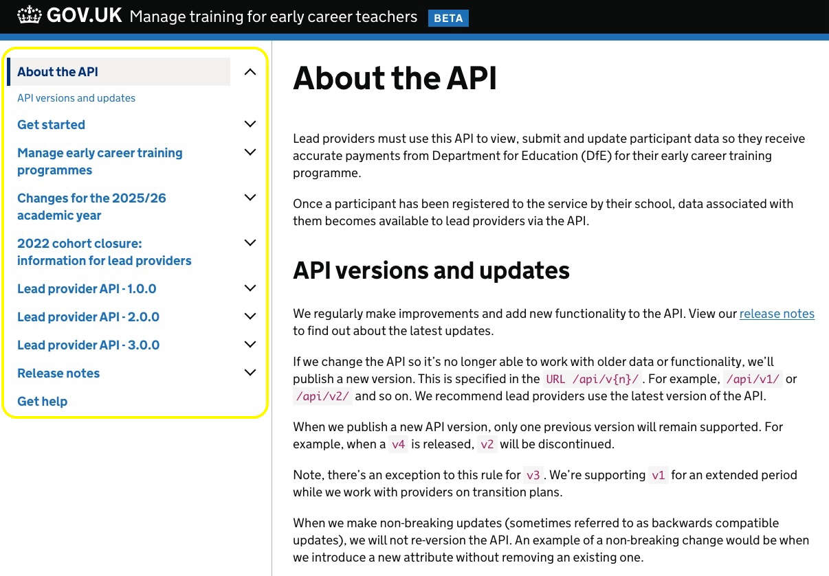 Screenshot showing the existing ‘Manage training for early career teachers’ lead provider guidance landing page. The left-hand navigation dropdowns have been highlighted
