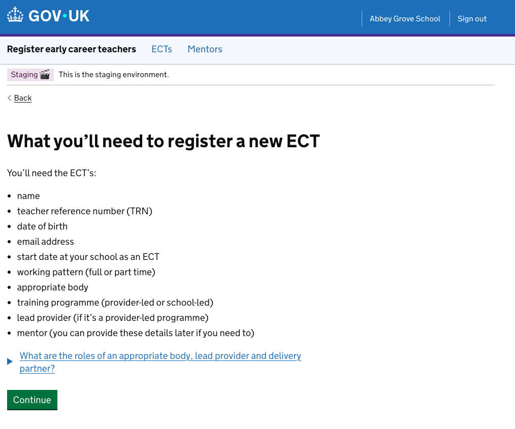 A screenshot of our details component describing appropriate bodies, lead providers and delivery partners, unopened.