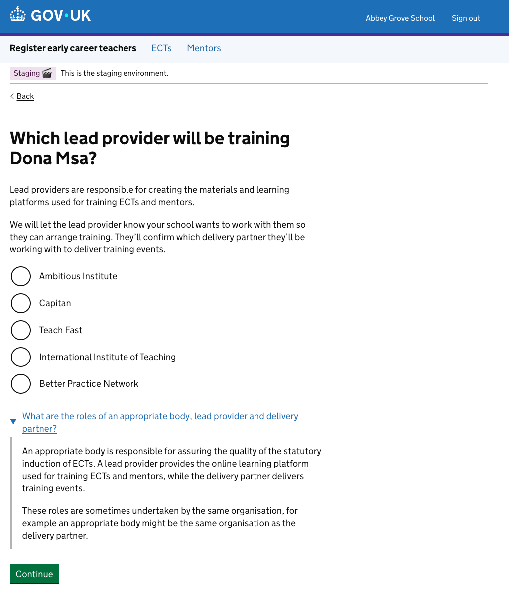 A screenshot of our details component describing appropriate bodies, lead providers and delivery partners, opened.