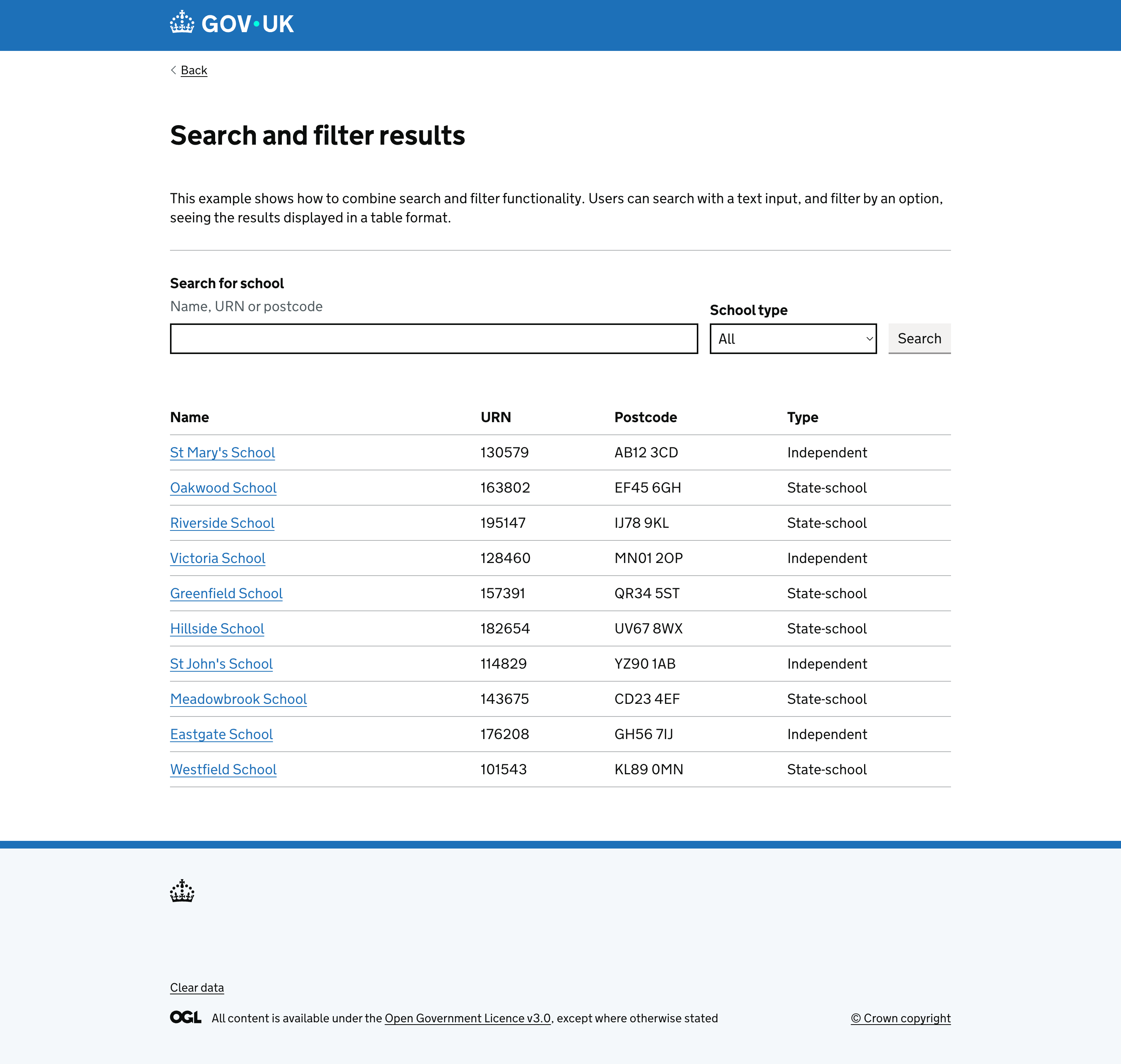 Search and filter pattern documentation in the admin console design framework.
