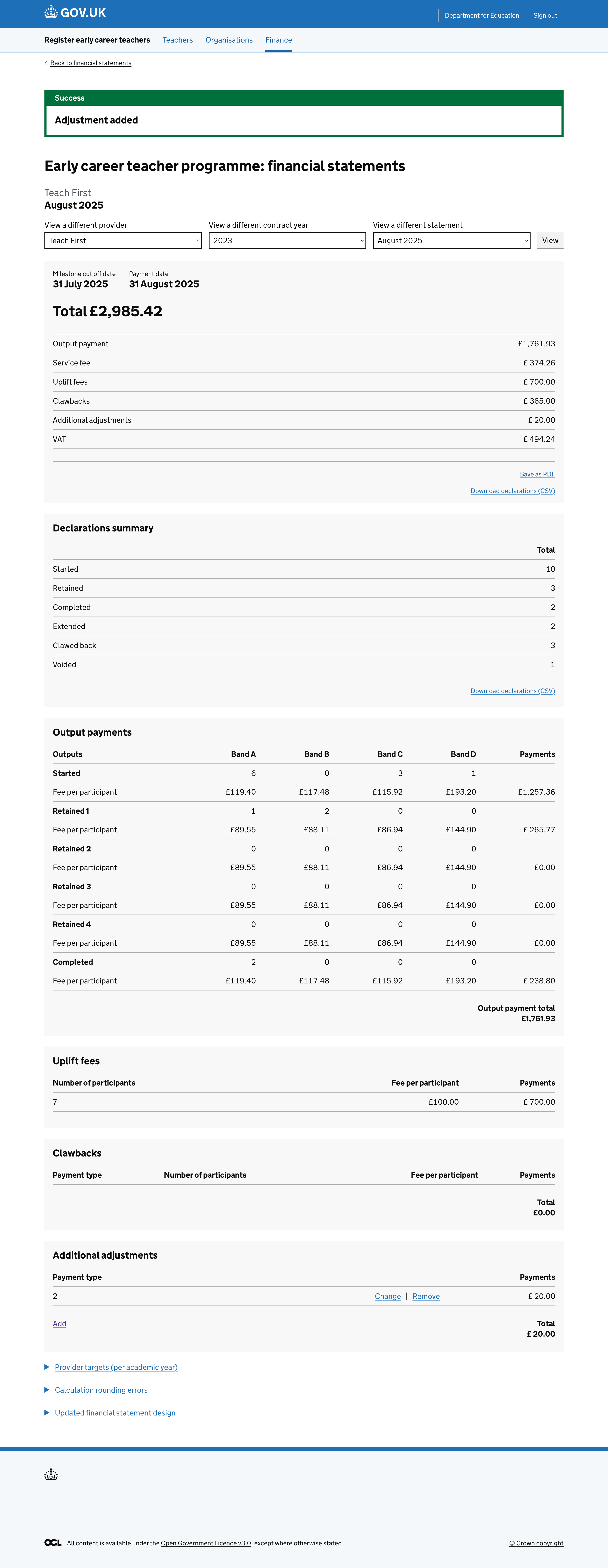 Confirmation after making an adjustment to a financial statement.