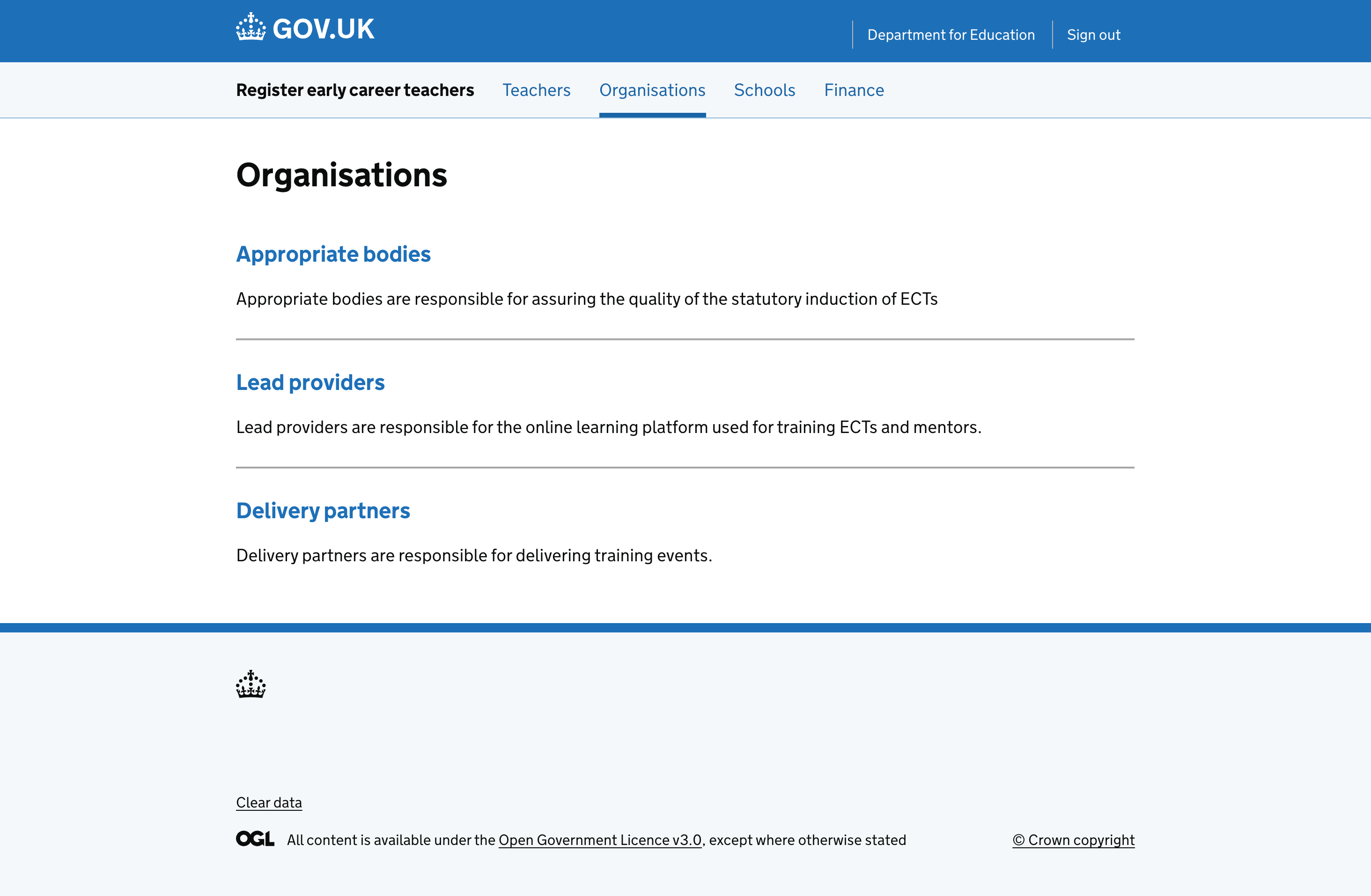 Homepage for list of organisations that can be managed.