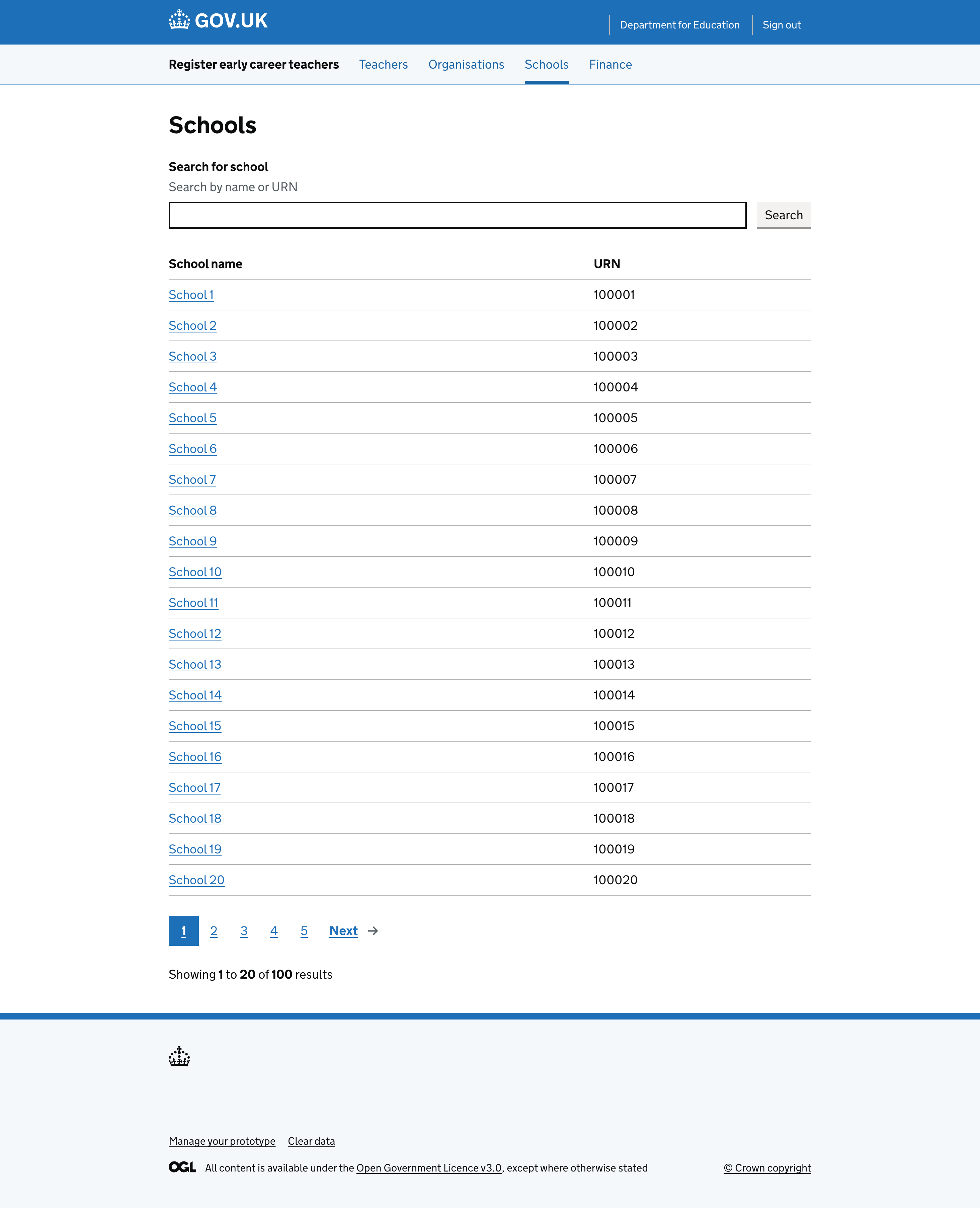 A list of the schools that can be managed in the console.