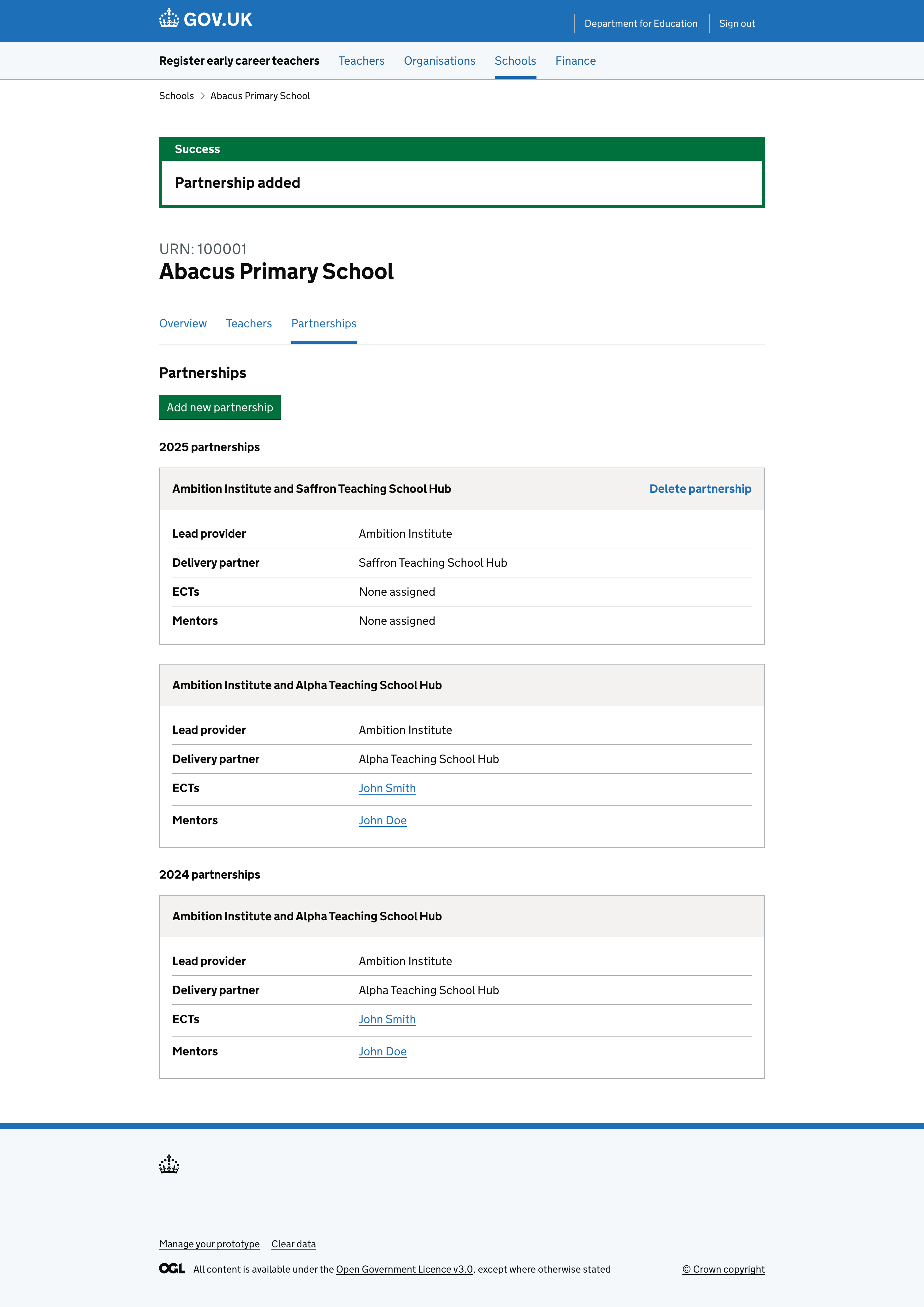 Confirmation page after adding a partnership to a school.