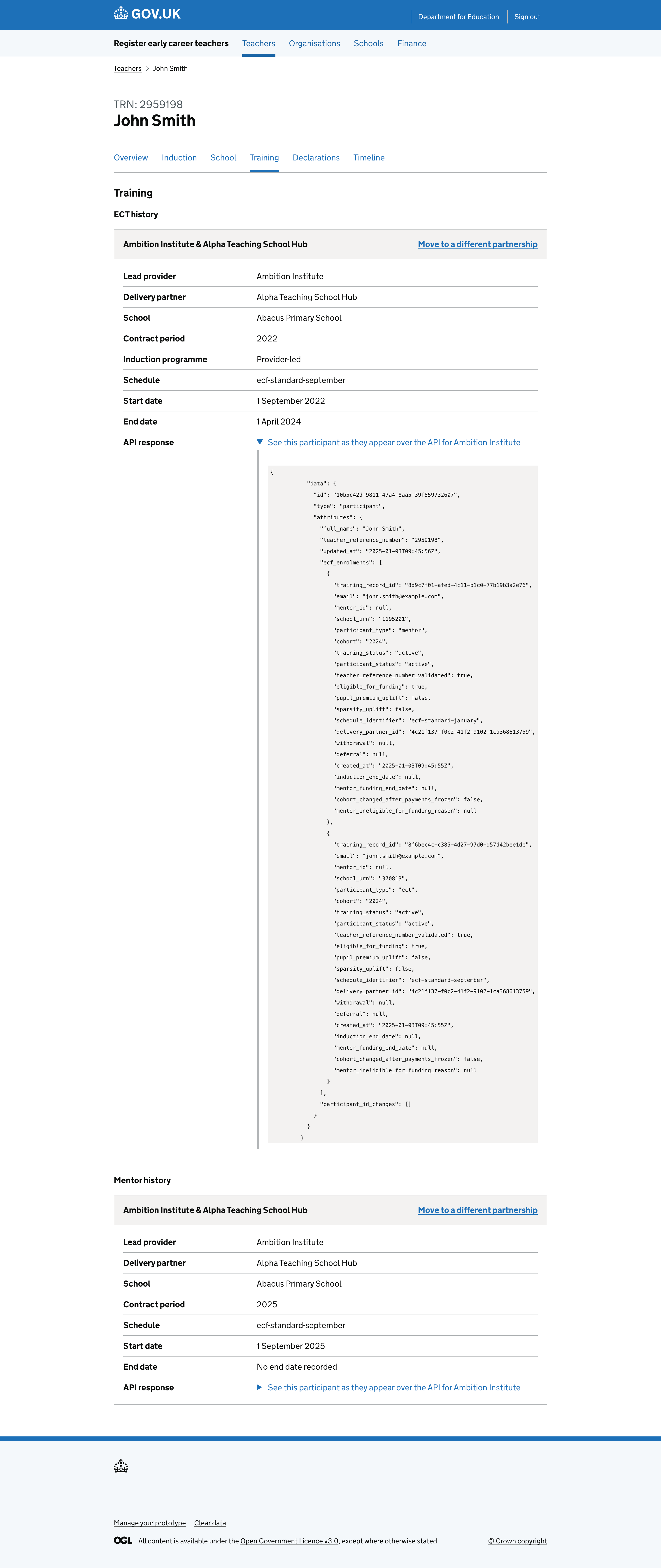 Teacher training information as returned via the API.