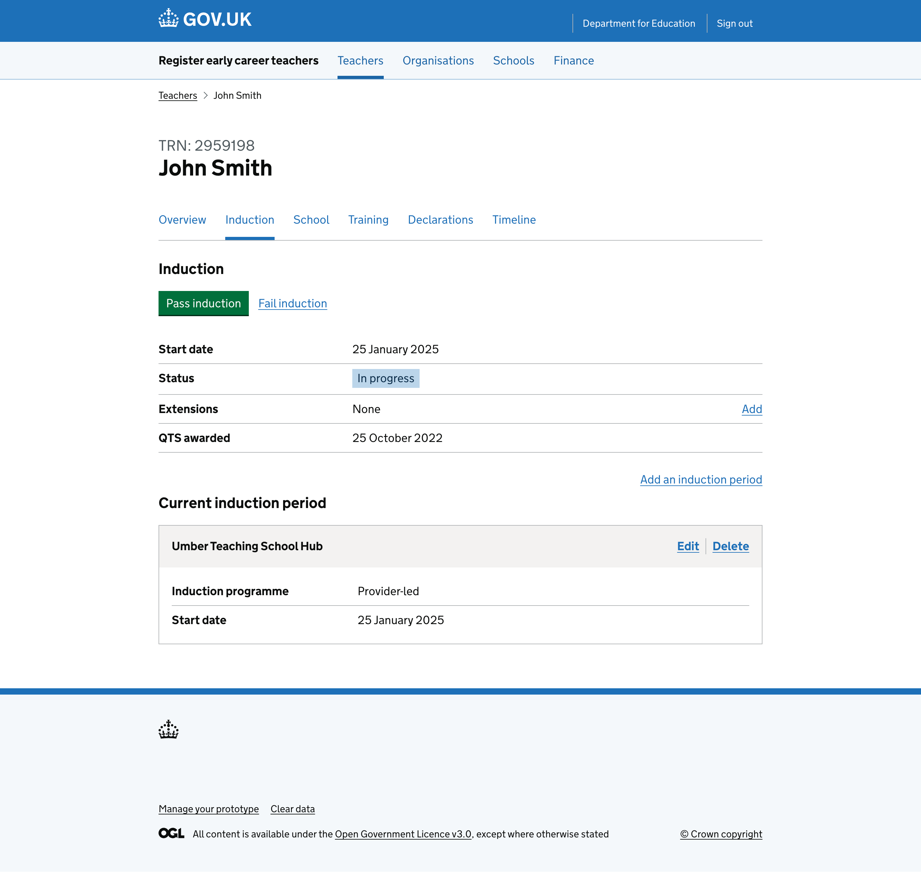 Induction details for a teacher.