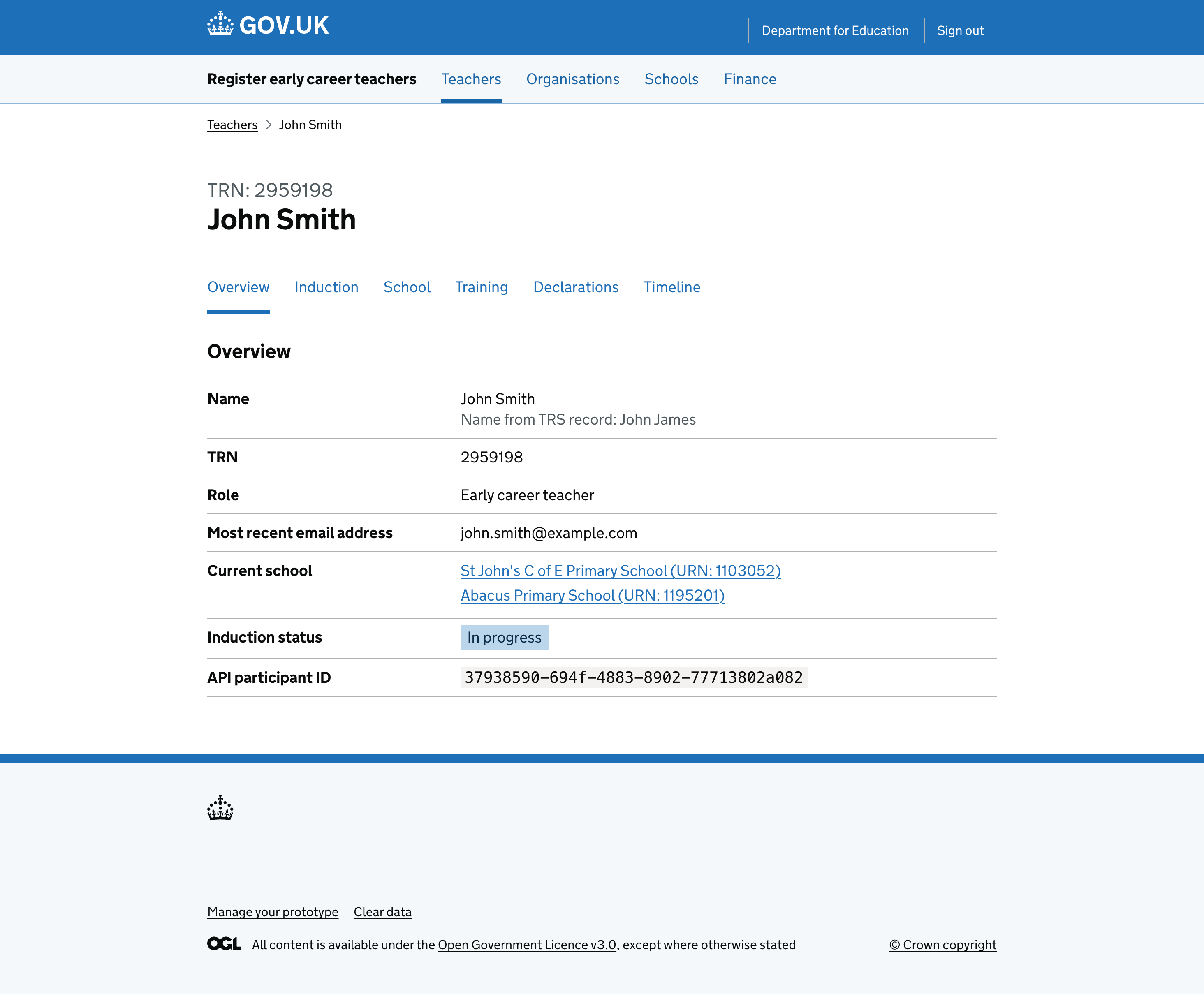 Teacher overview showing key details.