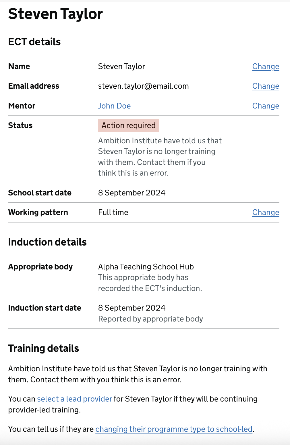 A screenshot of the ECT / mentor record for the school user, showing that they have been withdrawn from training.
