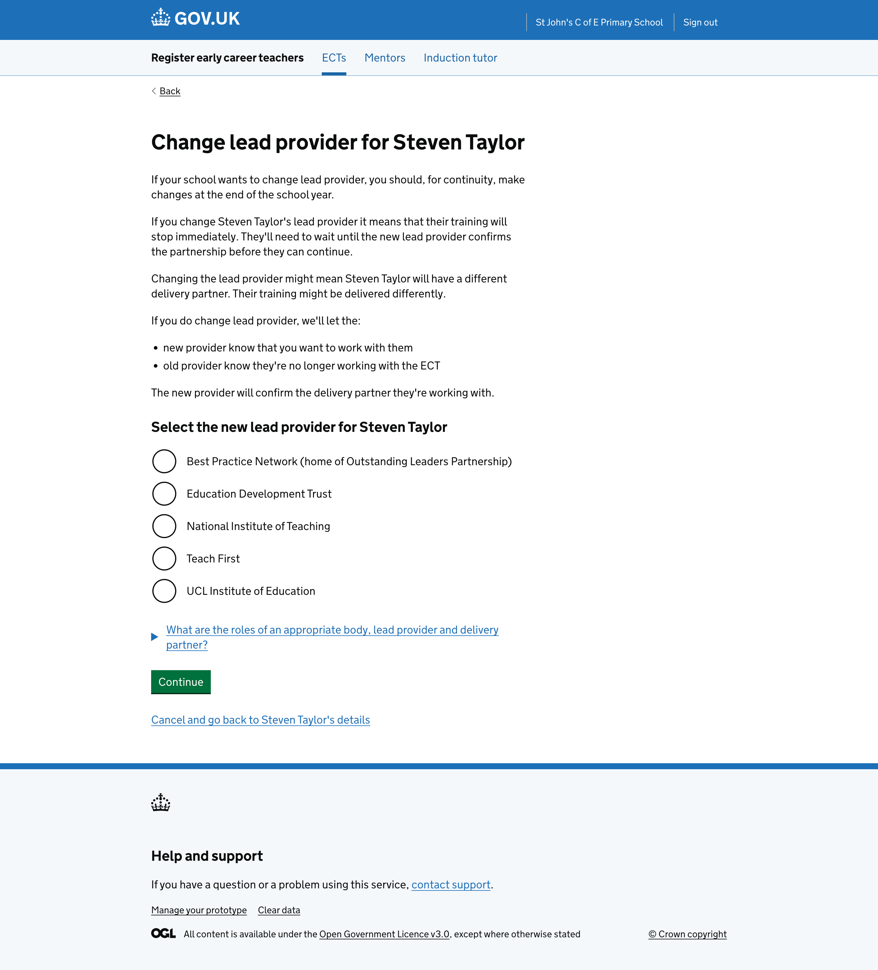 A screenshot of the journey where a school user is able to select a new lead provider if they will be continuing provider-led training.