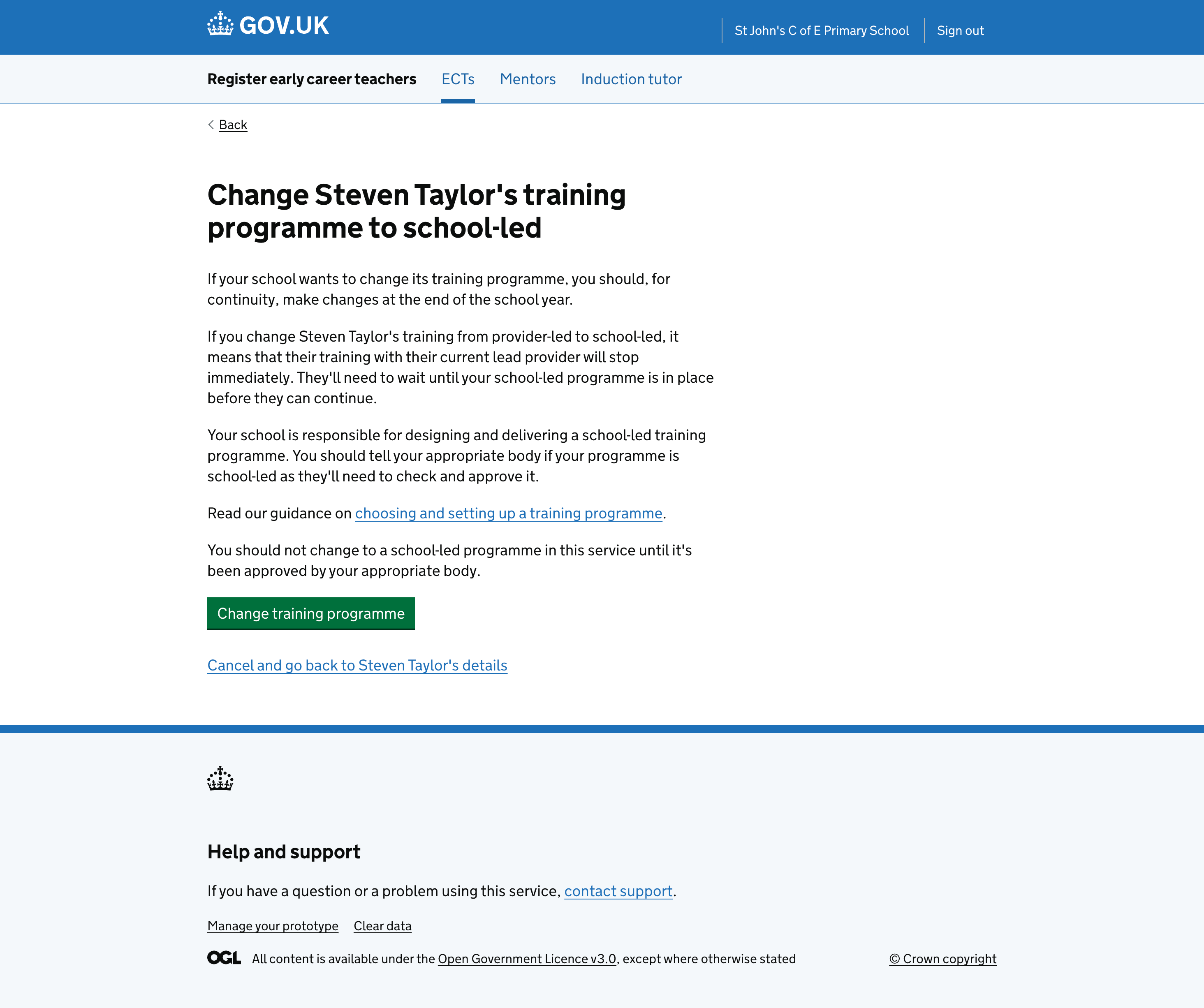 A screenshot of the journey where a school user is able to change the training programme type to school-led if the ECT will be continuing school-led training.