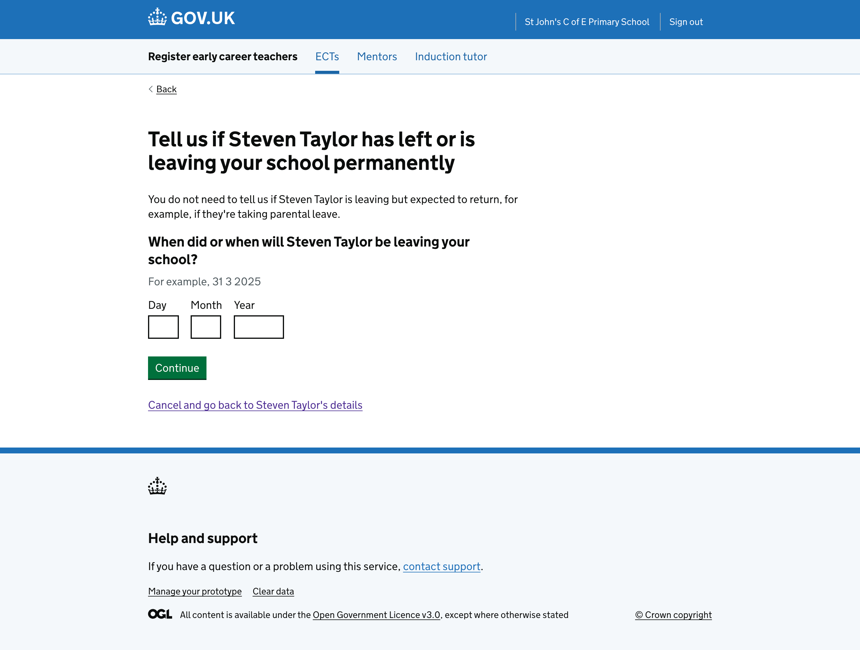 A screenshot of the journey where a school user is able to report that the ECT or mentor has left the school and are not expected to return.