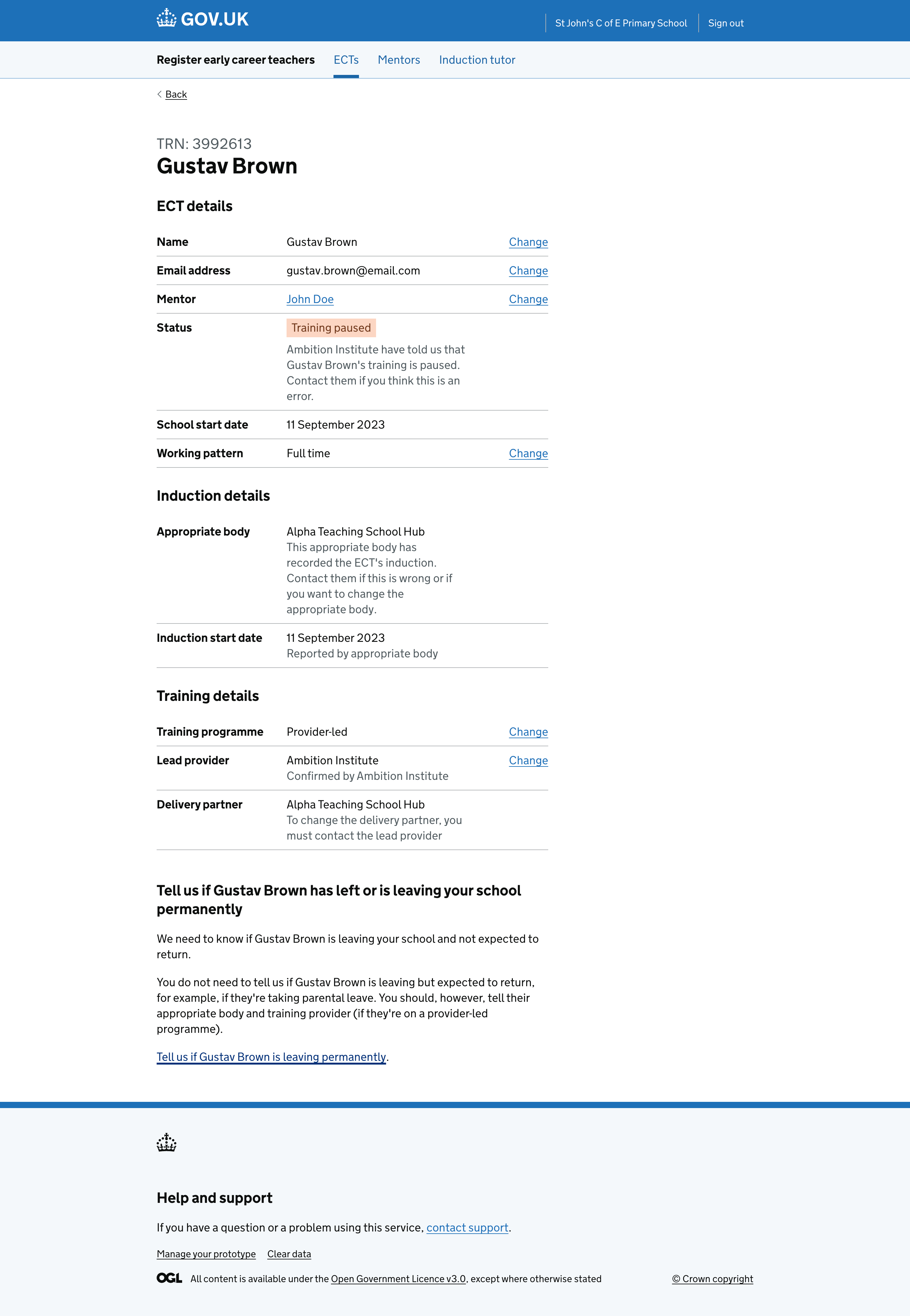 A screenshot of the journey where a school user is able to report that the ECT or mentor has been deferred from training.