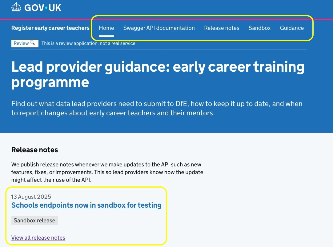 Screenshot of the new landing page for lead providers. The highlighted areas shows the prominence of the release notes section on the page