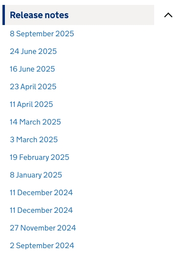 Screenshot showing a dropdown list of the latest API release notes for lead providers