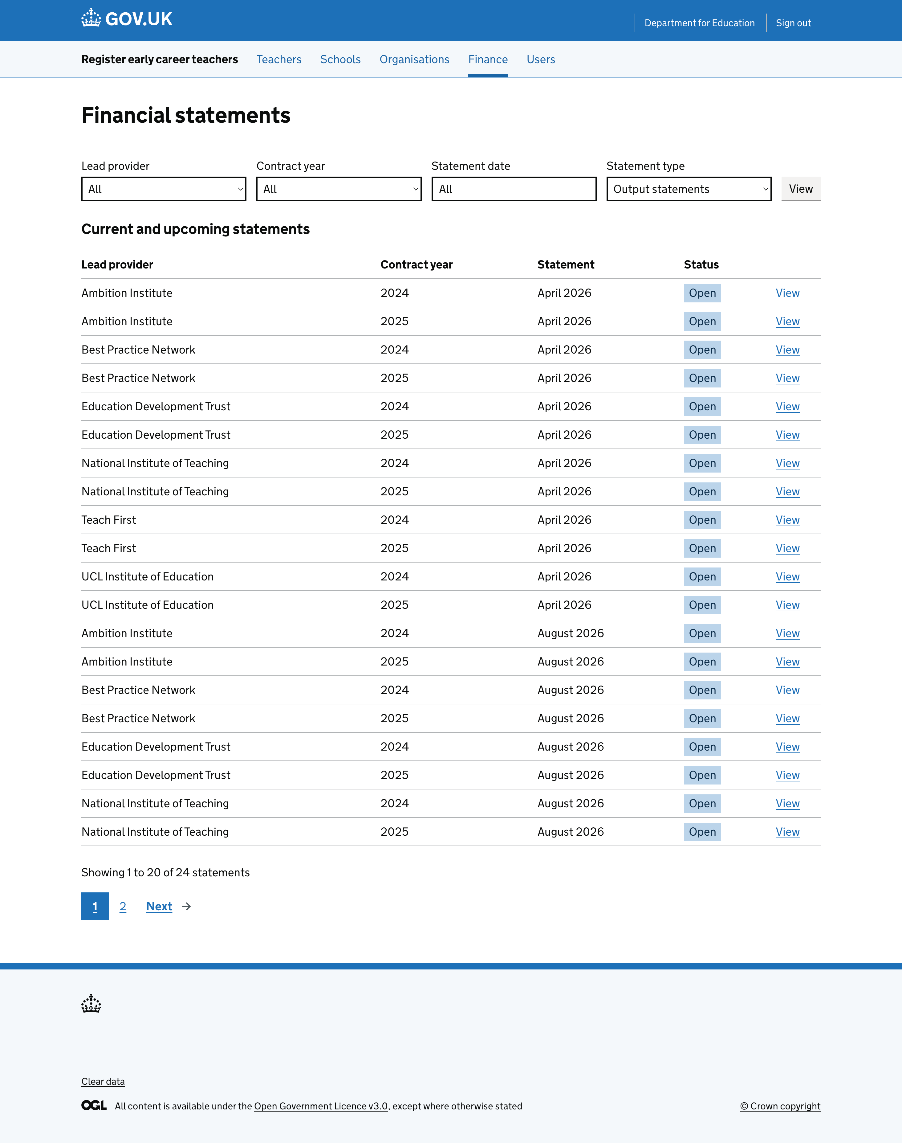 A screenshot of the journey where an admin is able to view financial statements for the current and upcoming statement dates.