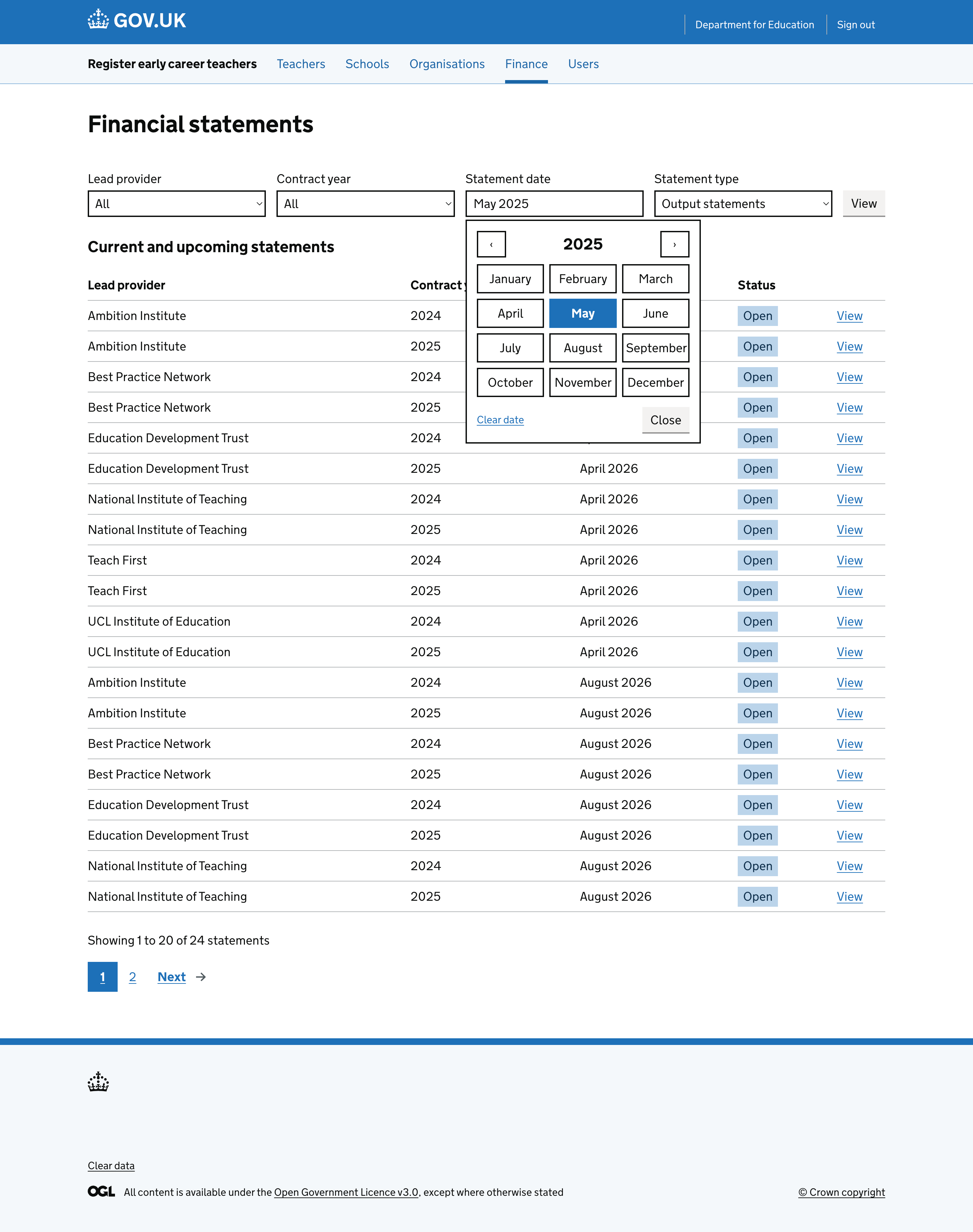 A screenshot of the journey where an admin is able to select a month and year for a date filter.
