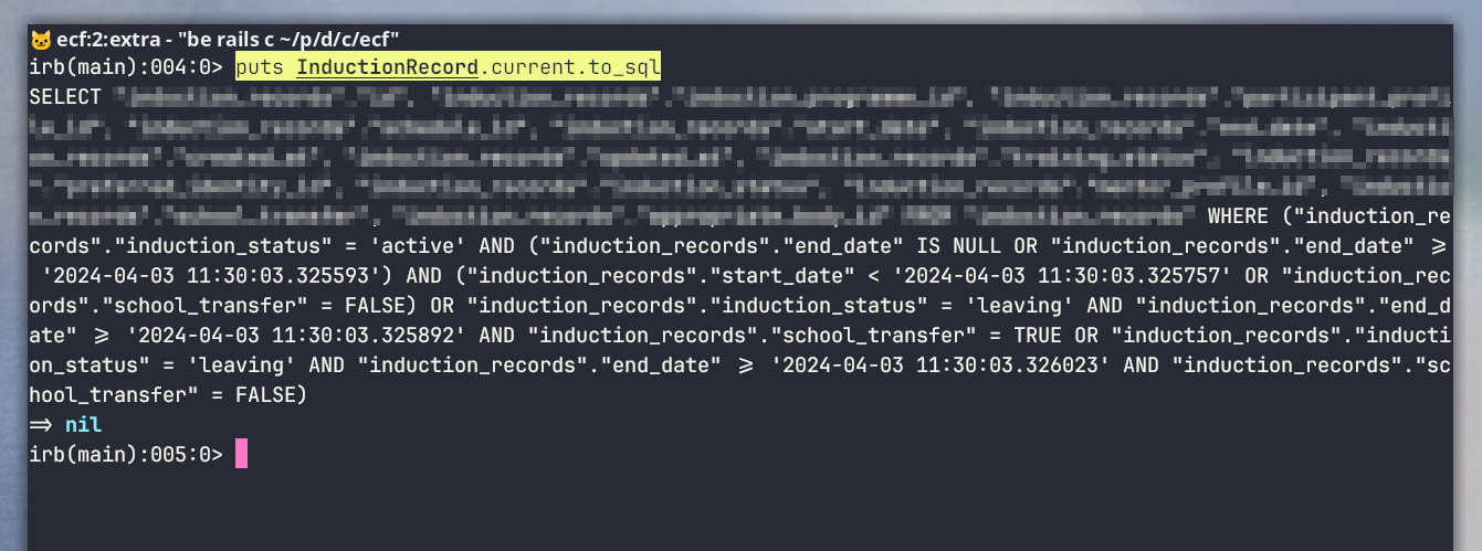 A screenshot of a SQL query that retrieves the current induction record. It's spread over 7 lines and has lots of conditions grouped by 'or' and 'and'