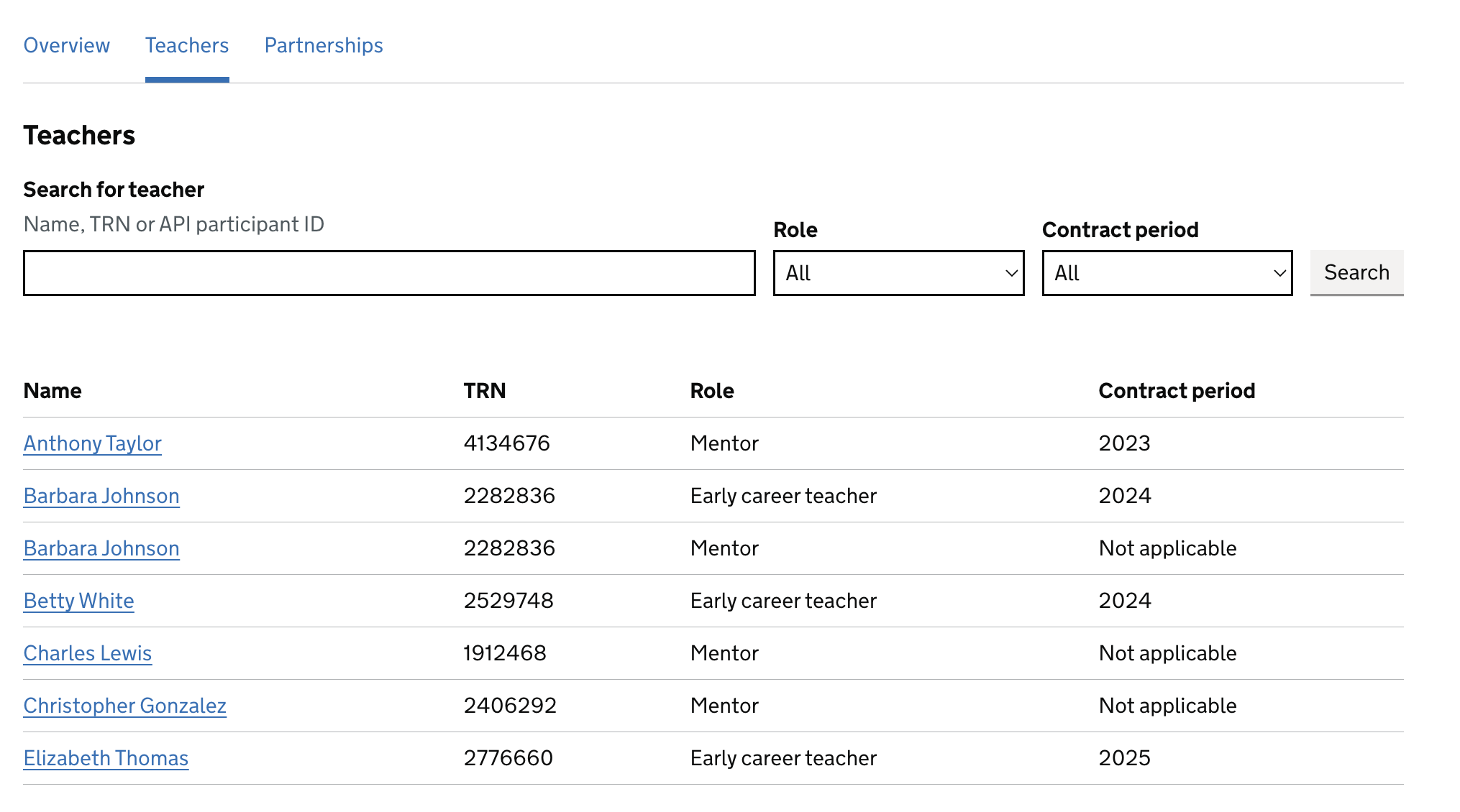A screenshot of the journey where an admin is able to search and filter teachers at a school.