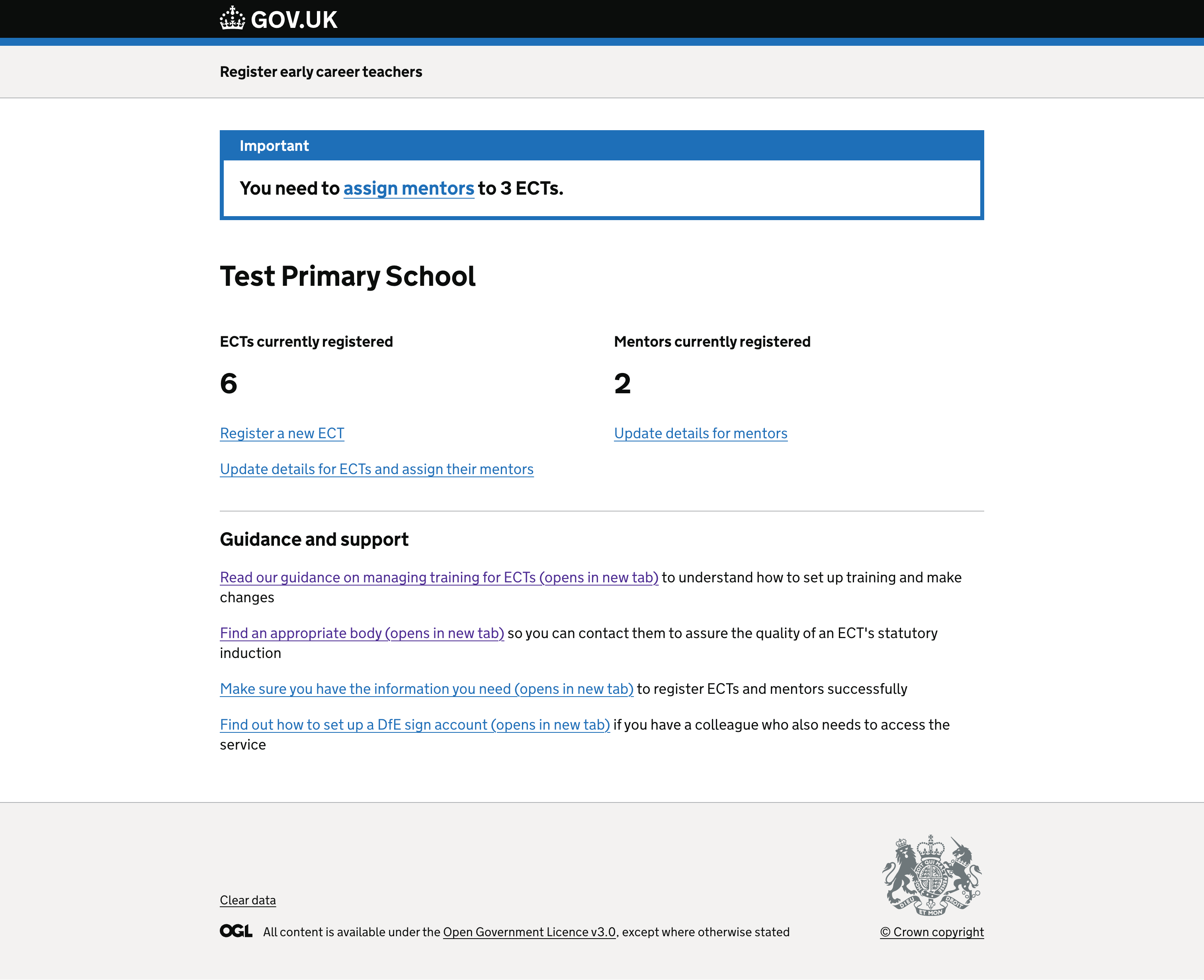 A screenshot of a signed in page for schools when registering ECTs and mentors, including a count of ECTs and mentors, guidance links and a notification to assign mentors to ECTs.