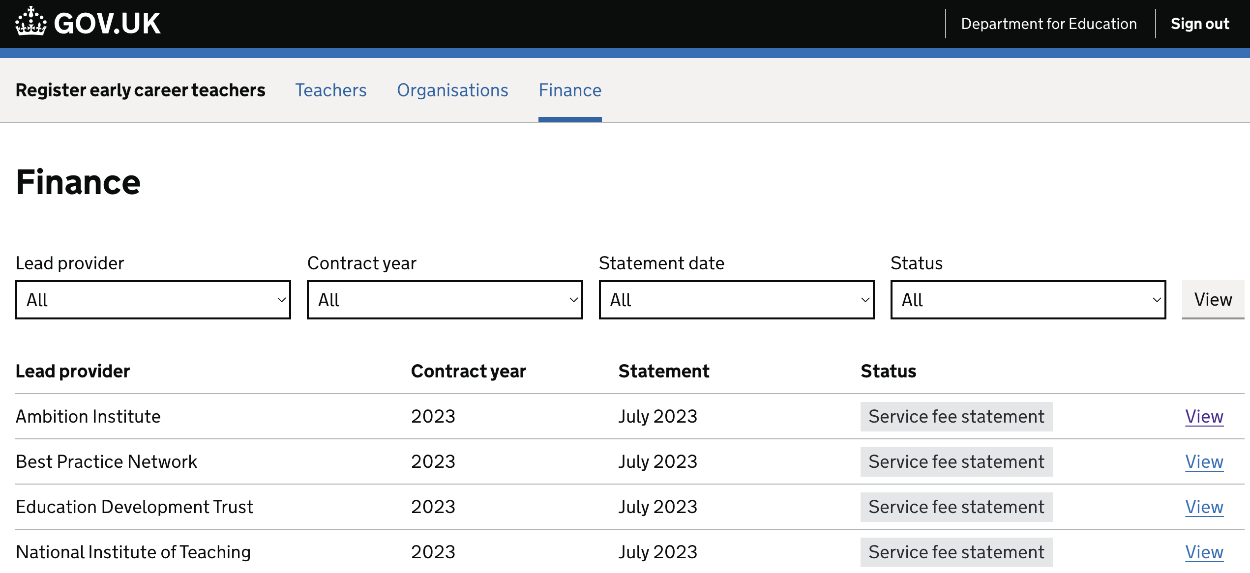 Table with filter options to search and filter for financial statements.