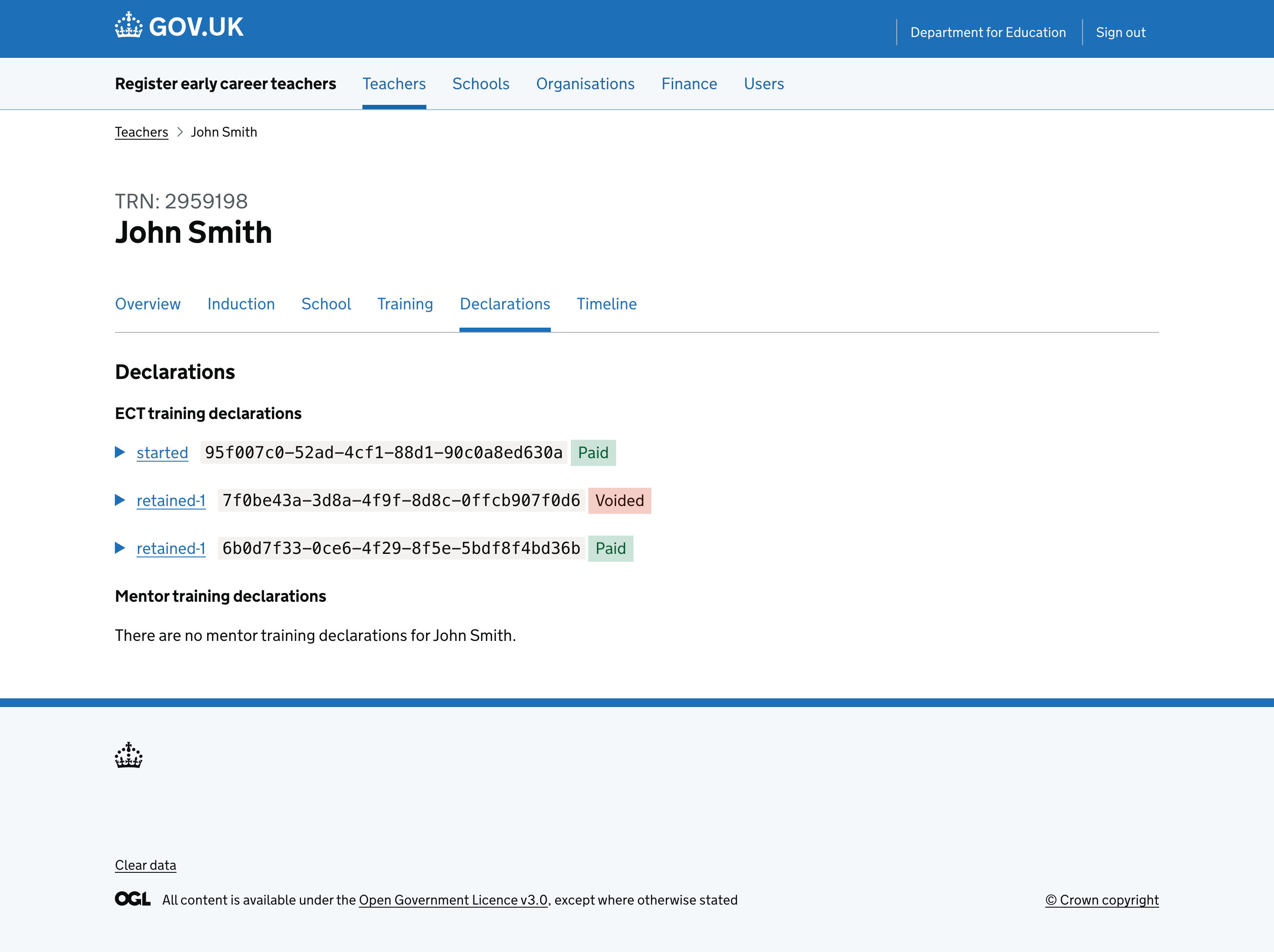 A screenshot of the journey where an admin is able to view declarations that have been submitted by lead providers.