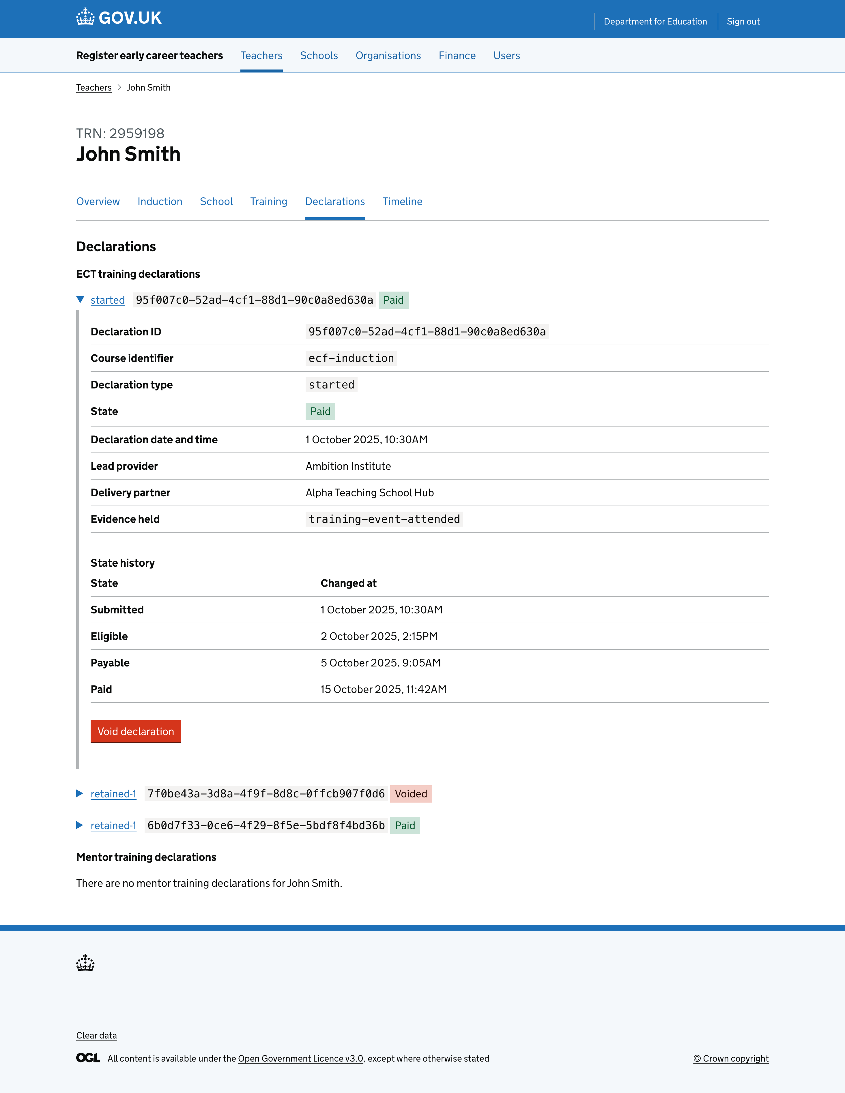 A screenshot of the journey where an admin has opened a declaration to view the details.