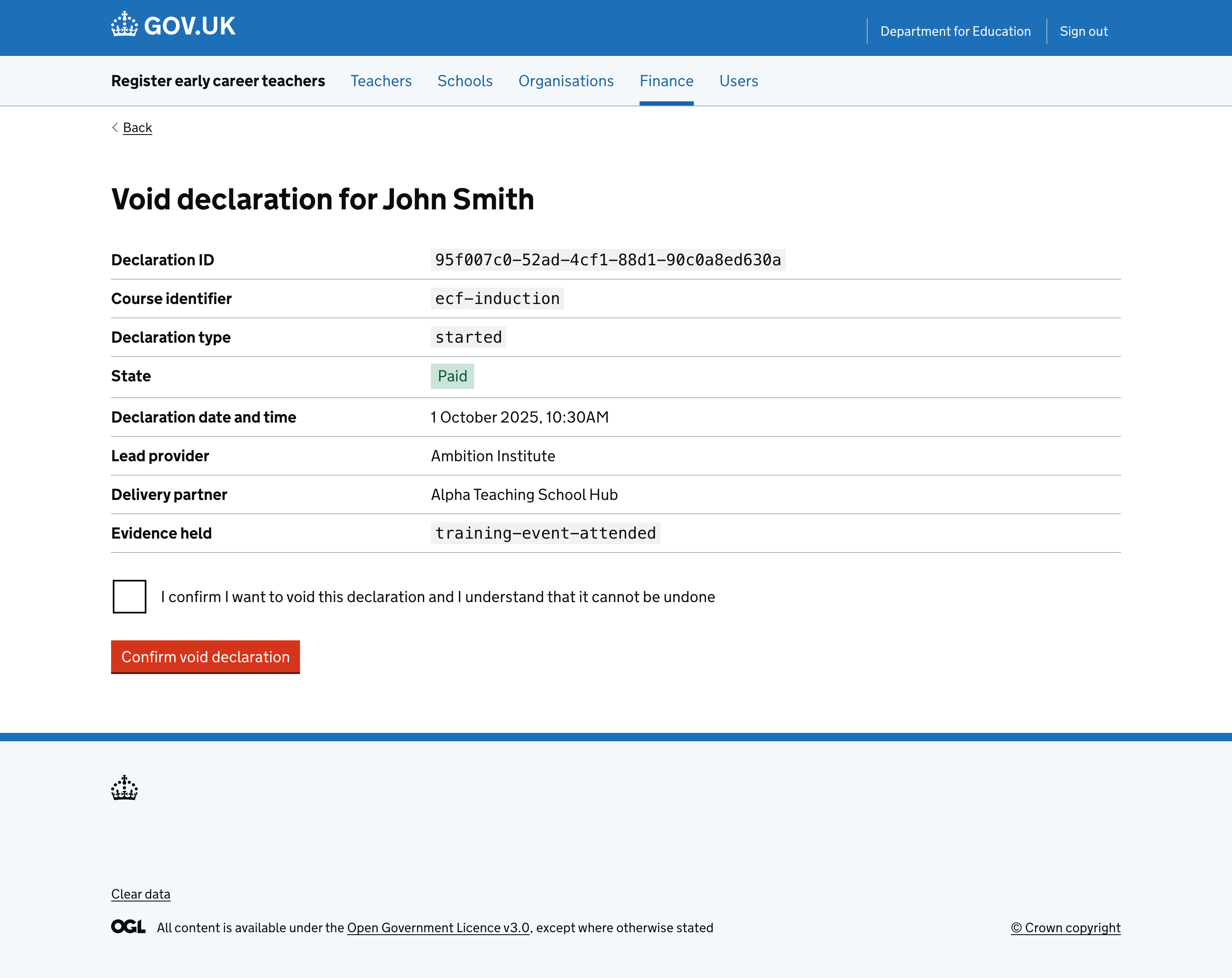 A screenshot of the journey where an admin is able to void a declaration if it is incorrect.
