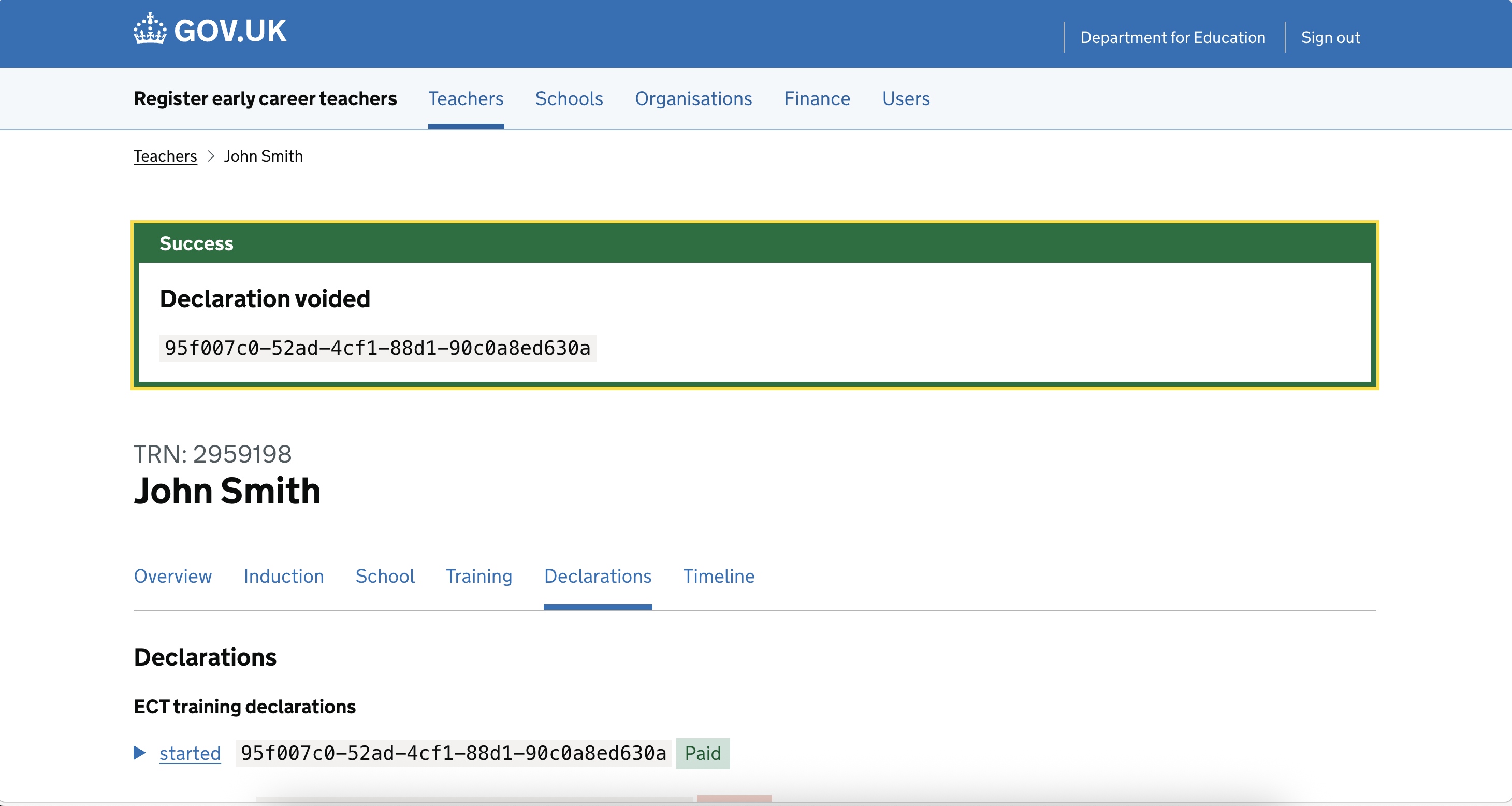 A screenshot of the journey where an admin has voided a declaration, and is shown a confirmation banner.
