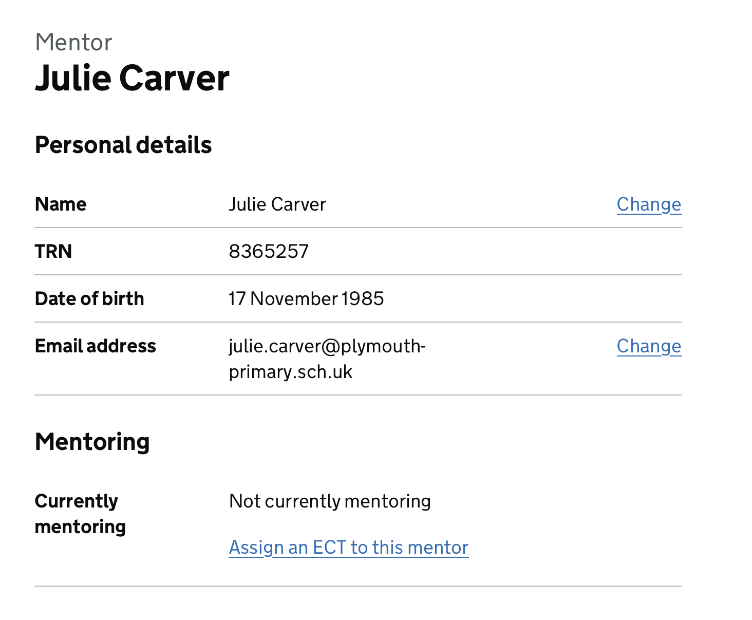 Screenshot showing a mentor profile page with a link saying ‘Assign an ECT to this mentor’