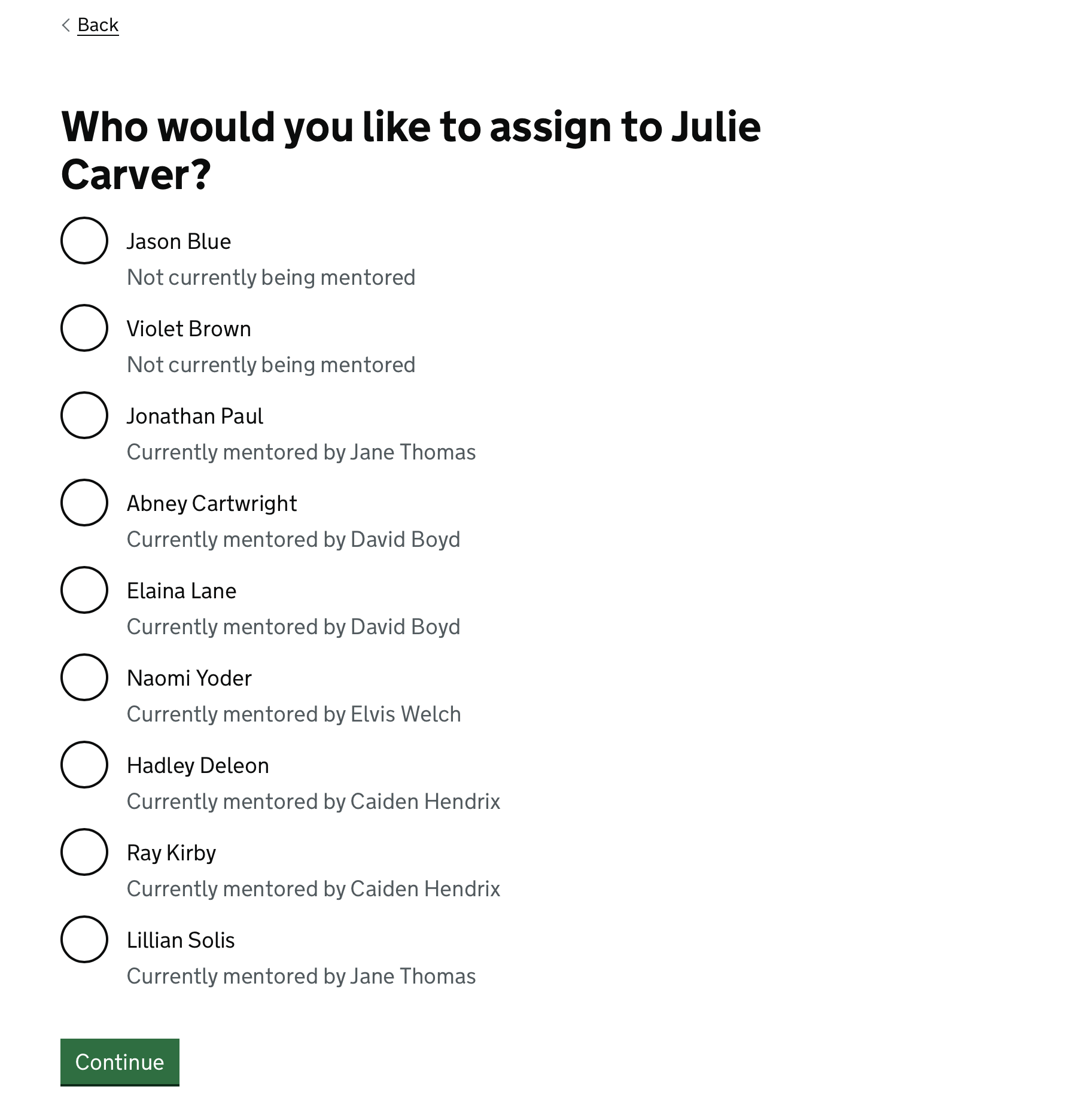 Screenshot of a page asking 'Who would you like to assign to Julie Carver?' with radio button options for each ECT