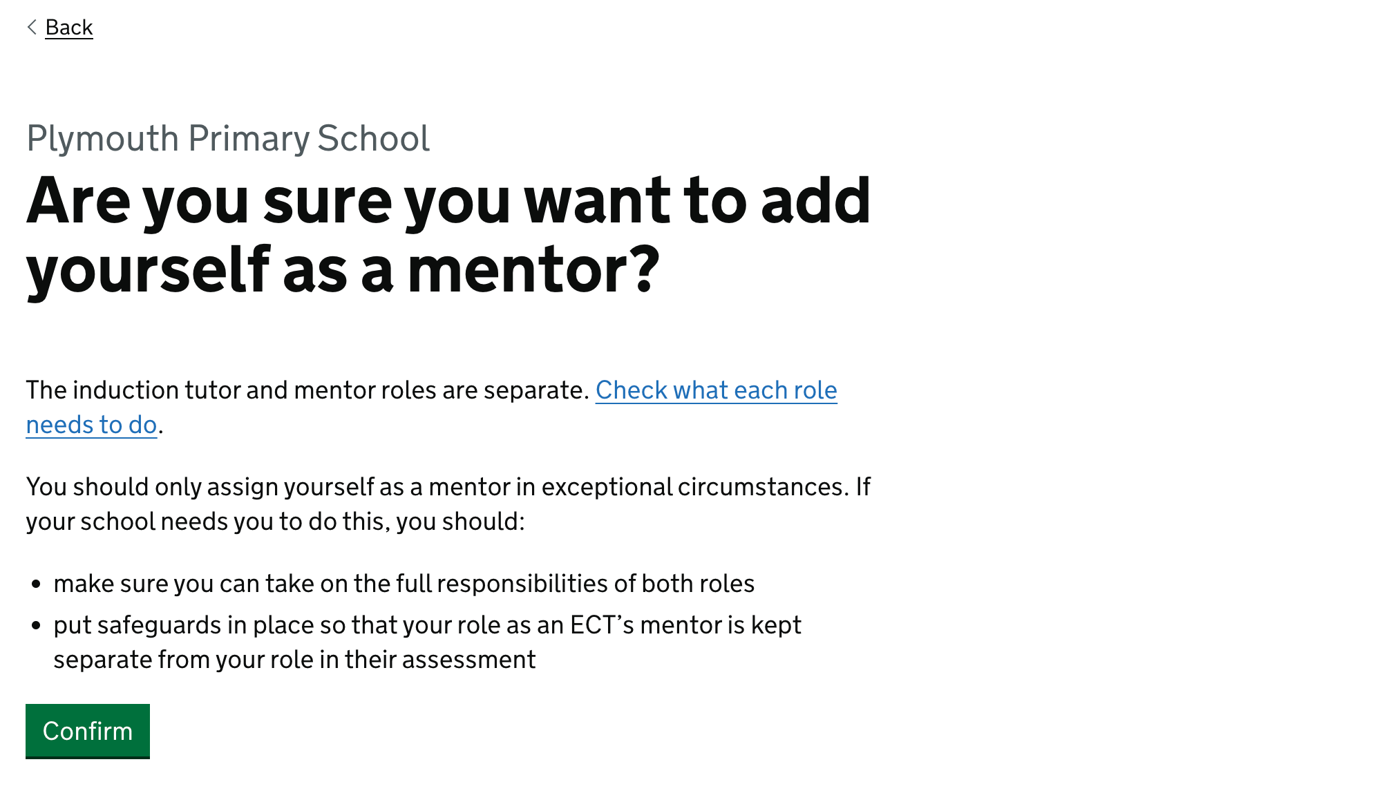 Screenshot with the title “Are you sure you want to add yourself as a mentor?”