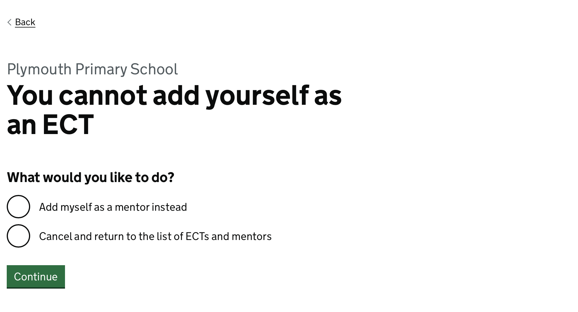Screenshot with the title “You cannot add yourself as an ECT”