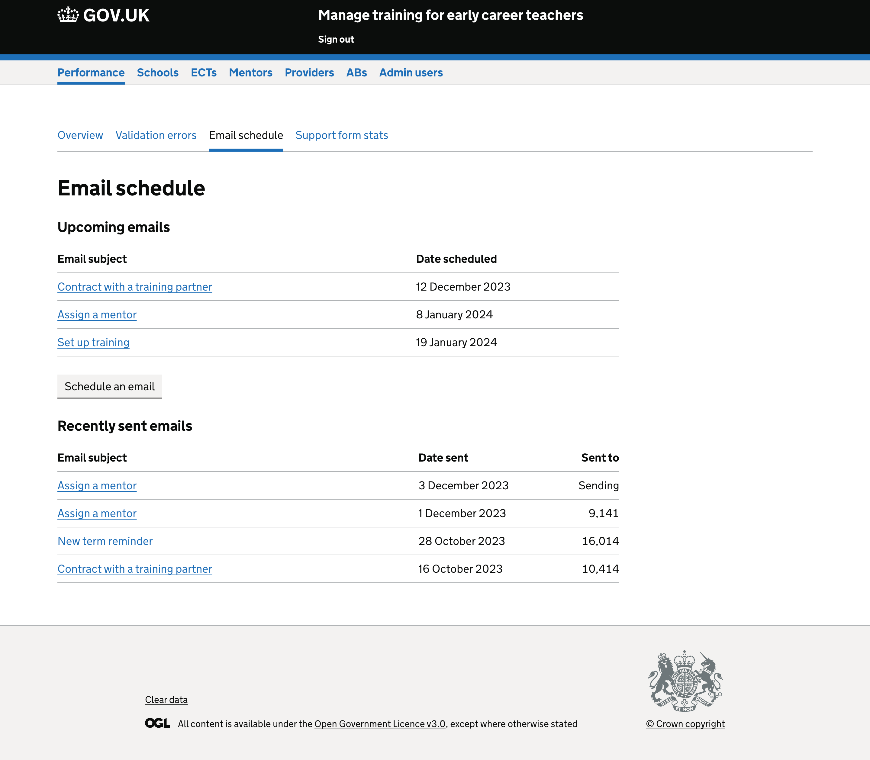 A view of the main scheduling screen in the admin console